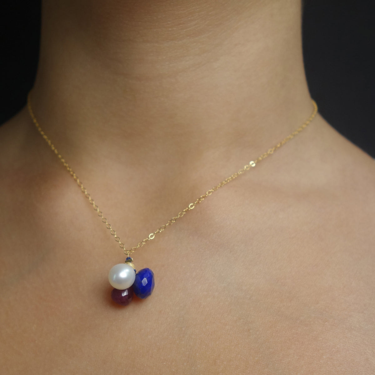 Pearl, Ruby, and Lapis gold necklace
