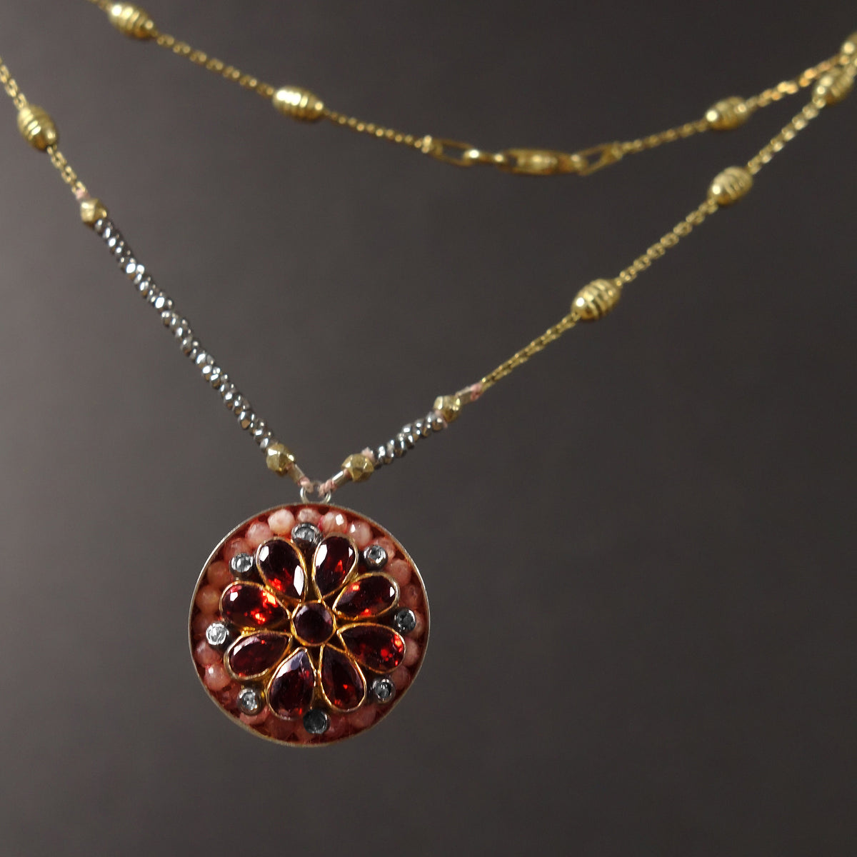 Byzantine Sun necklace: garnet, diamond, and pink sapphire mosaic