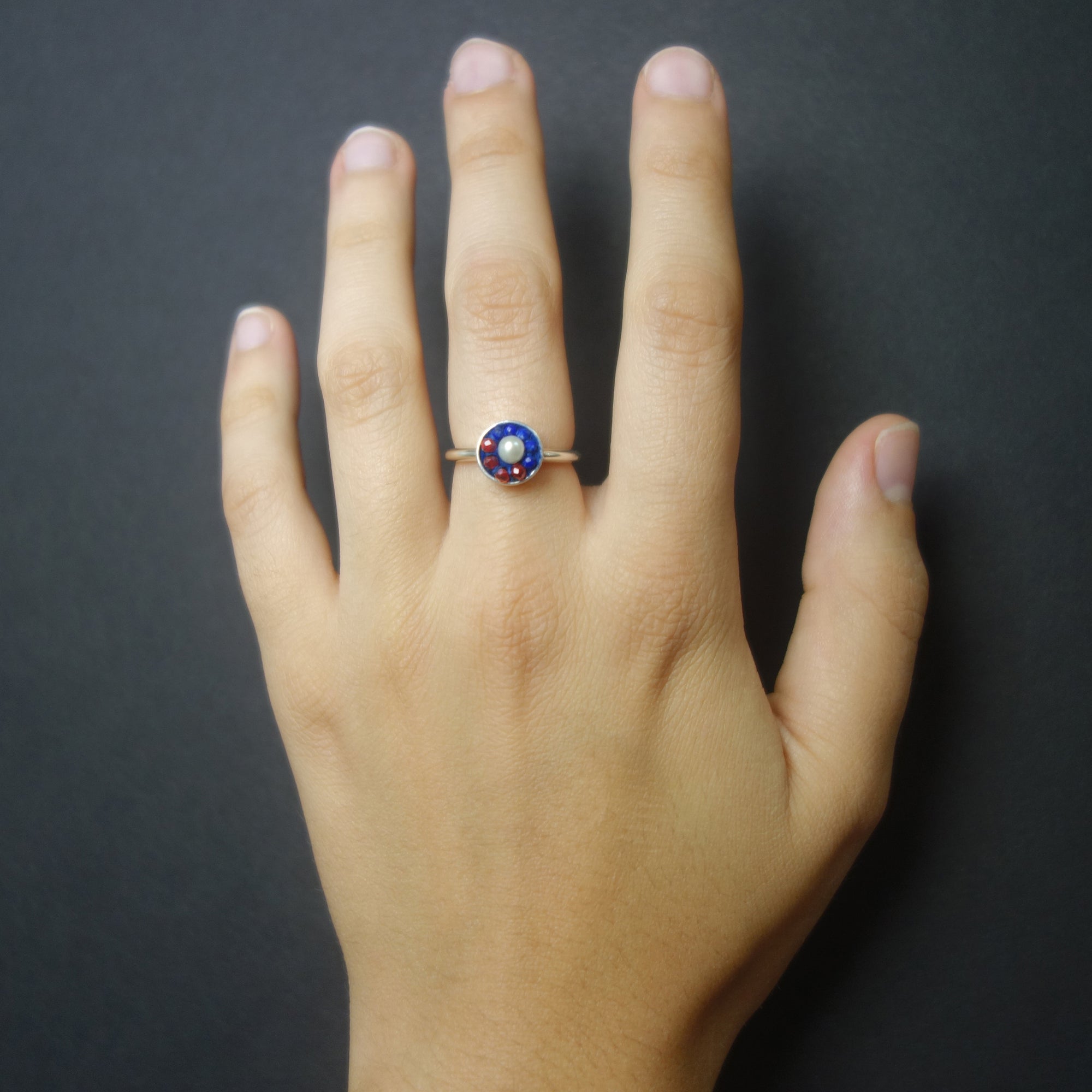 With this Ring: pearl, garnet, and lapis mosaic