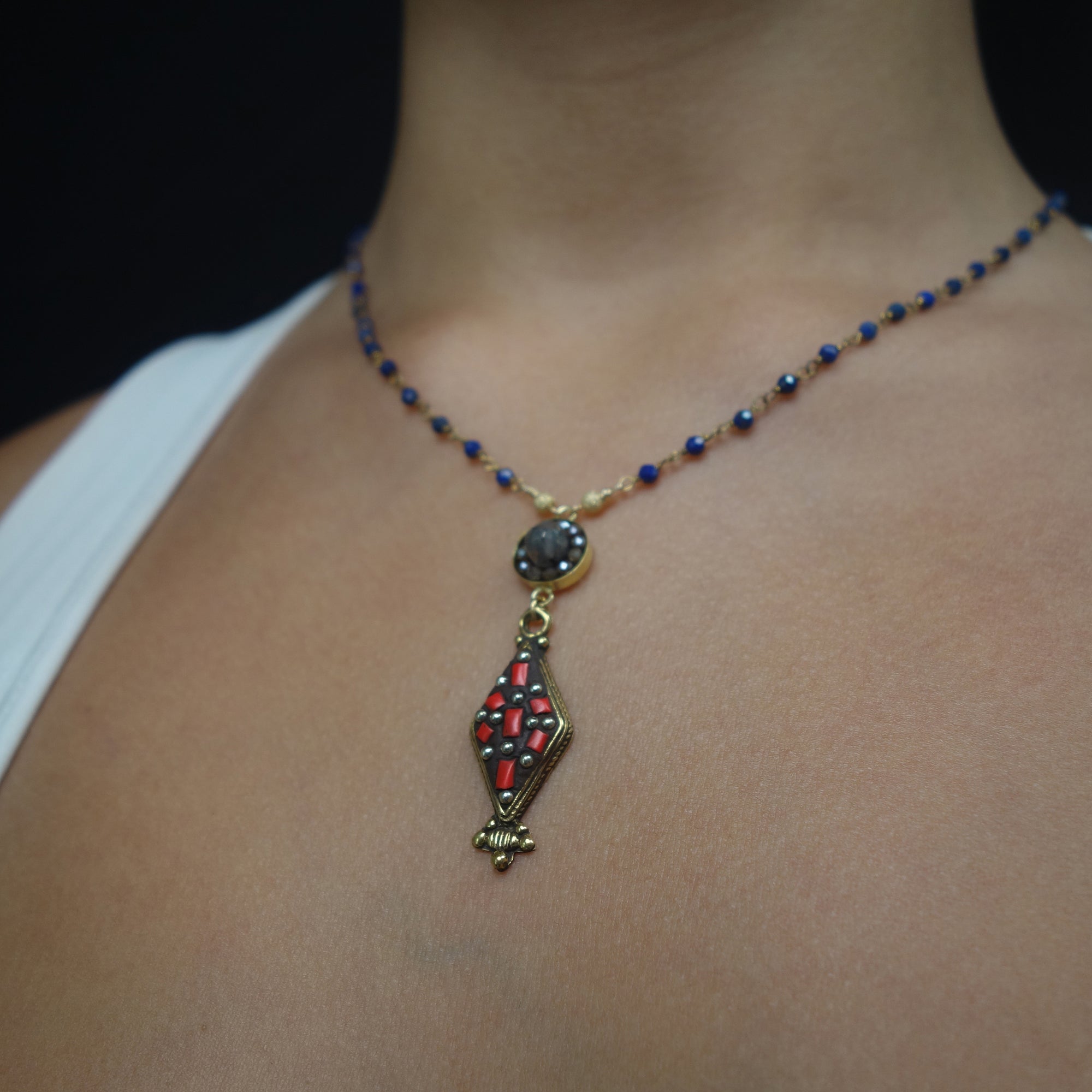 American Dream: coral, lapis, and moonstone mosaic necklace