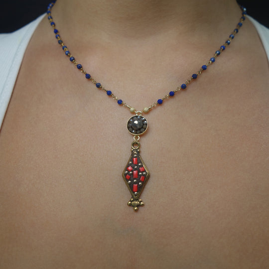 American Dream: coral, lapis, and moonstone mosaic necklace