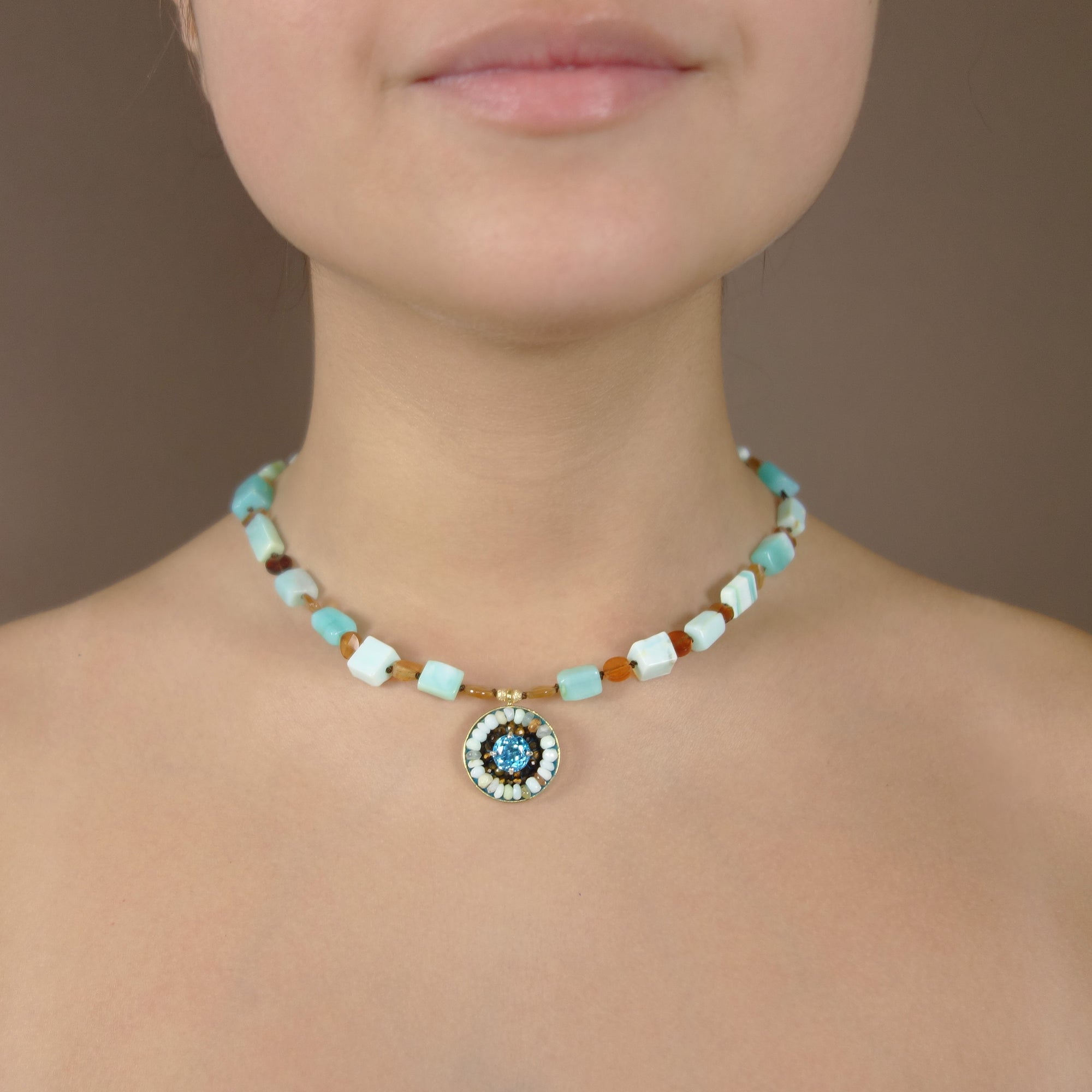 Swiss blue topaz, tiger eye, and opal mosaic necklace