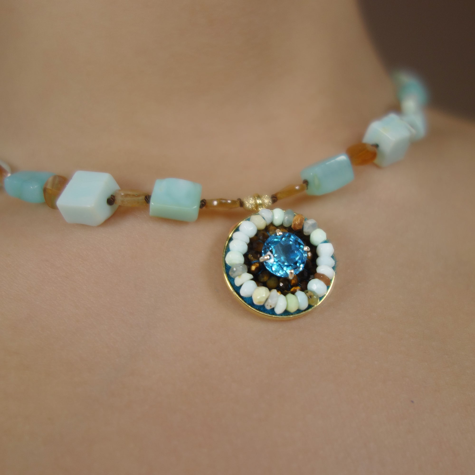 Swiss blue topaz, tiger eye, and opal mosaic necklace