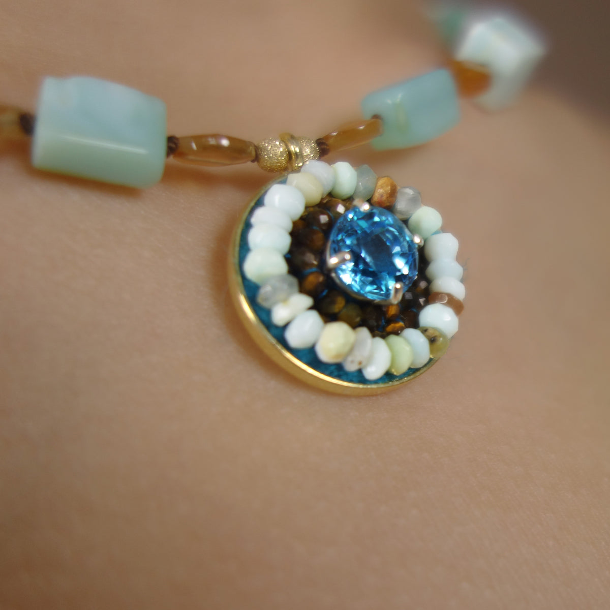 Swiss blue topaz, tiger eye, and opal mosaic necklace