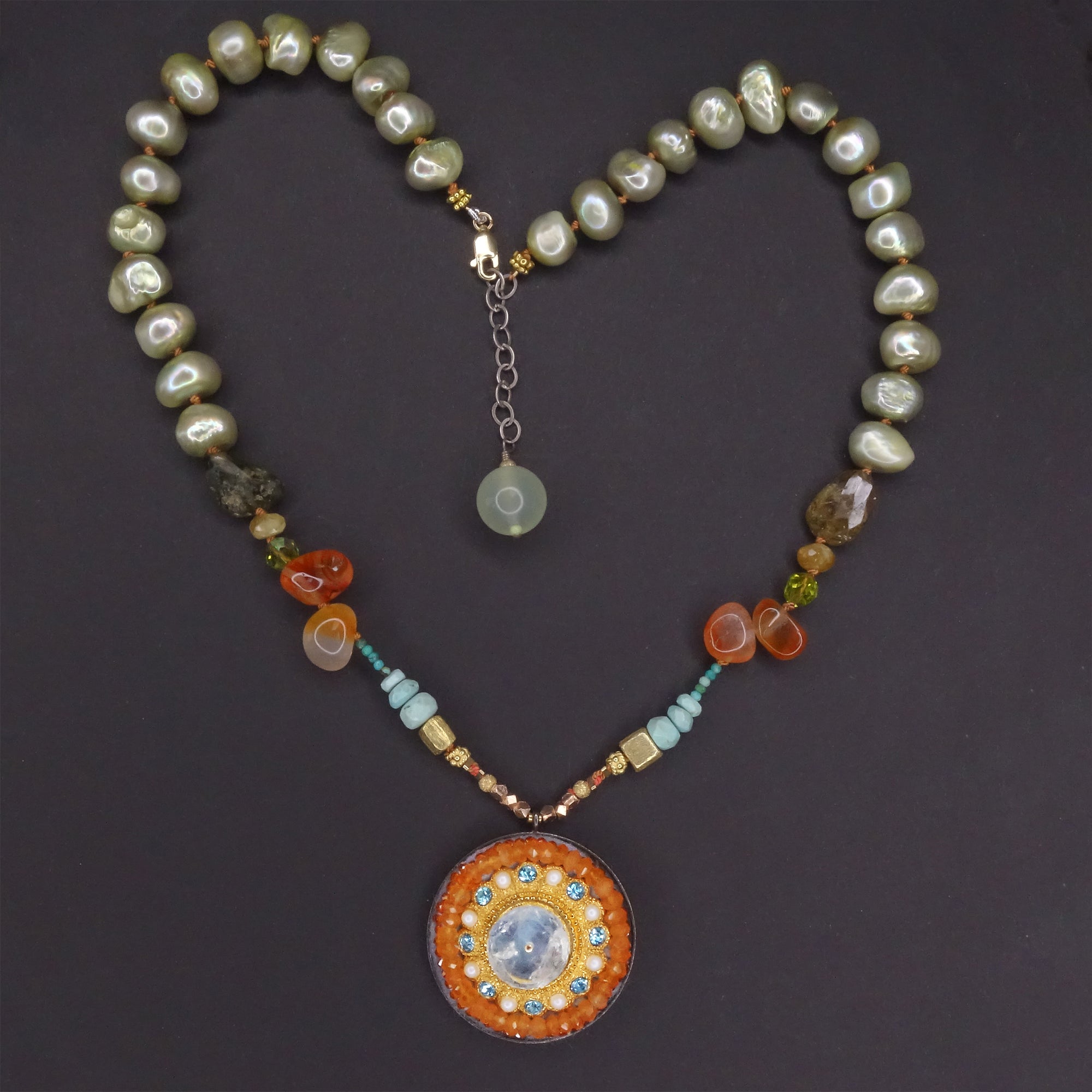 She is the Ringmaster: carnelian, pearl, and aquamarine mosaic necklace