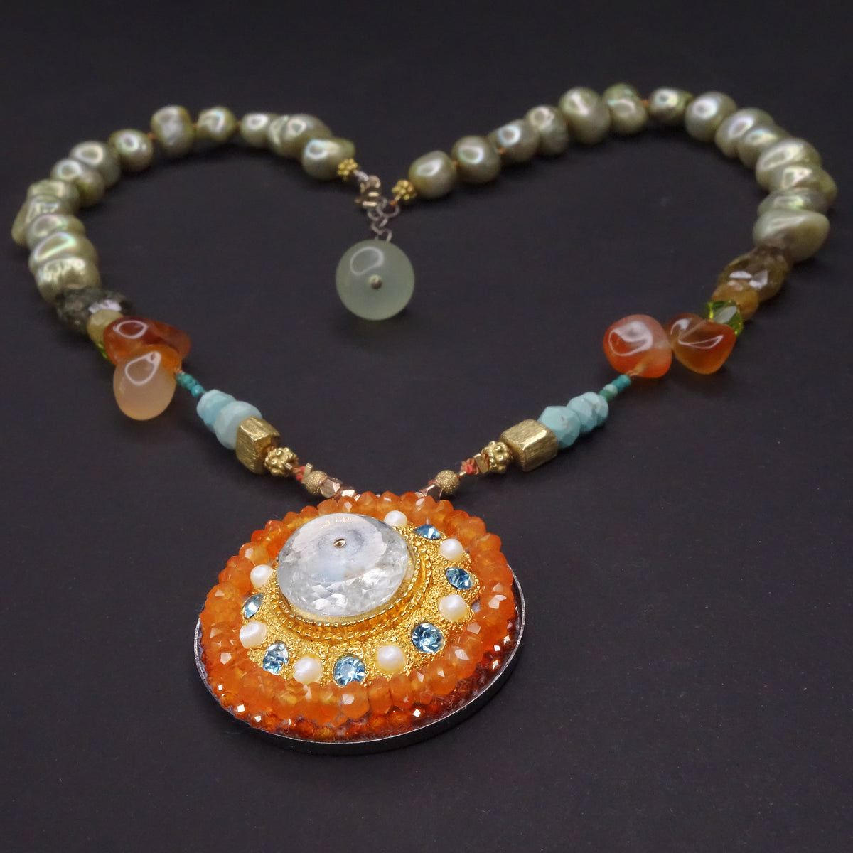 She is the Ringmaster: carnelian, pearl, and aquamarine mosaic necklace