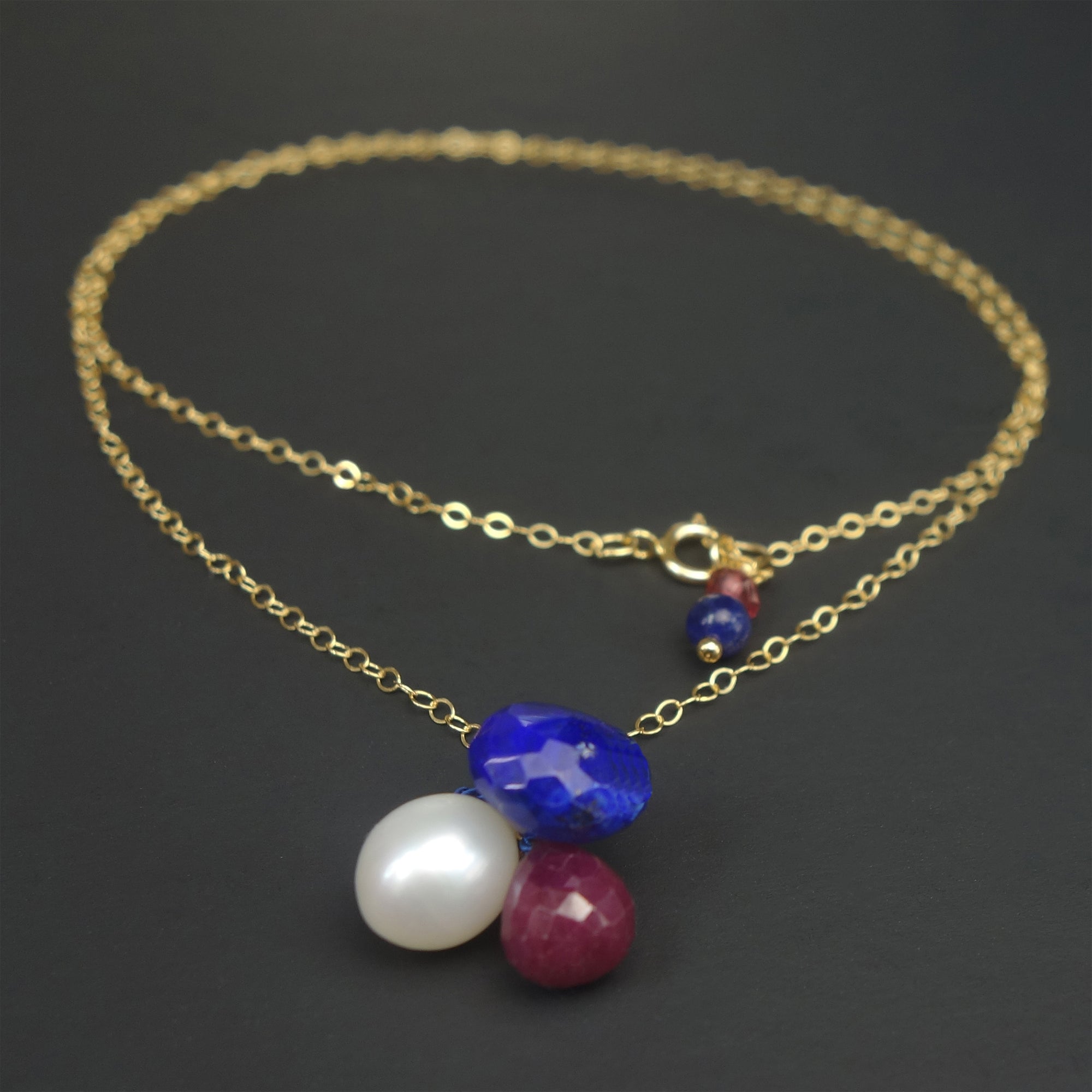 Pearl, Ruby, and Lapis gold necklace