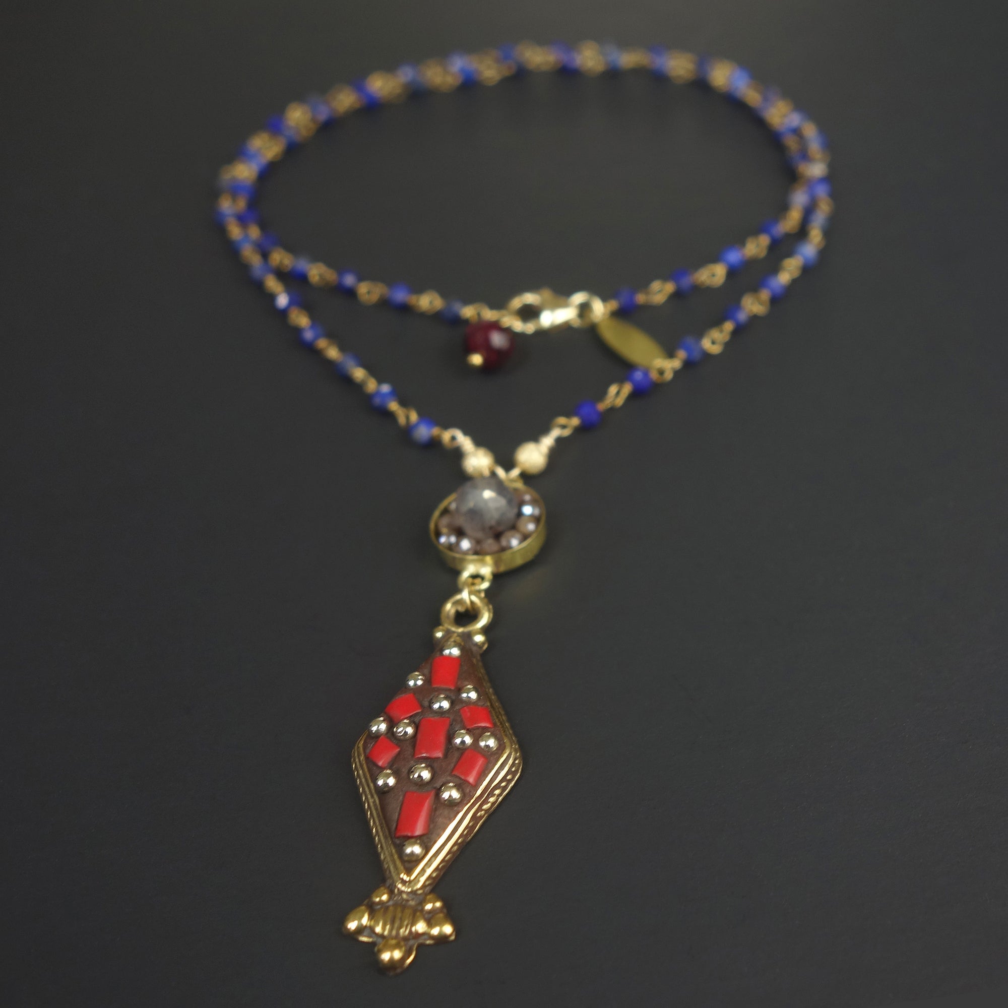 American Dream: coral, lapis, and moonstone mosaic necklace