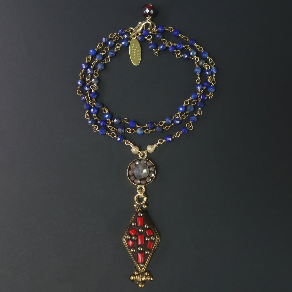American Dream: coral, lapis, and moonstone mosaic necklace