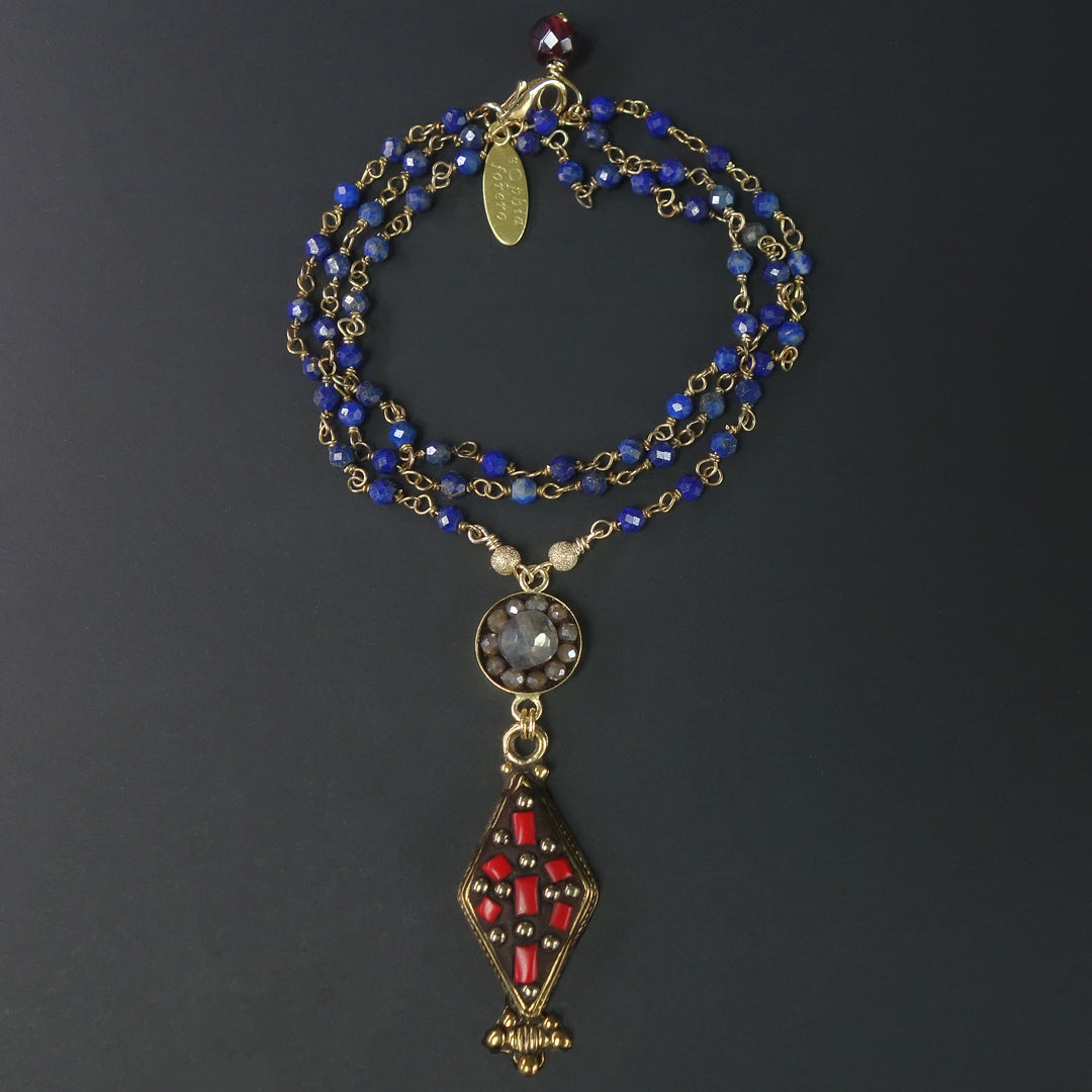 American Dream: coral, lapis, and moonstone mosaic necklace