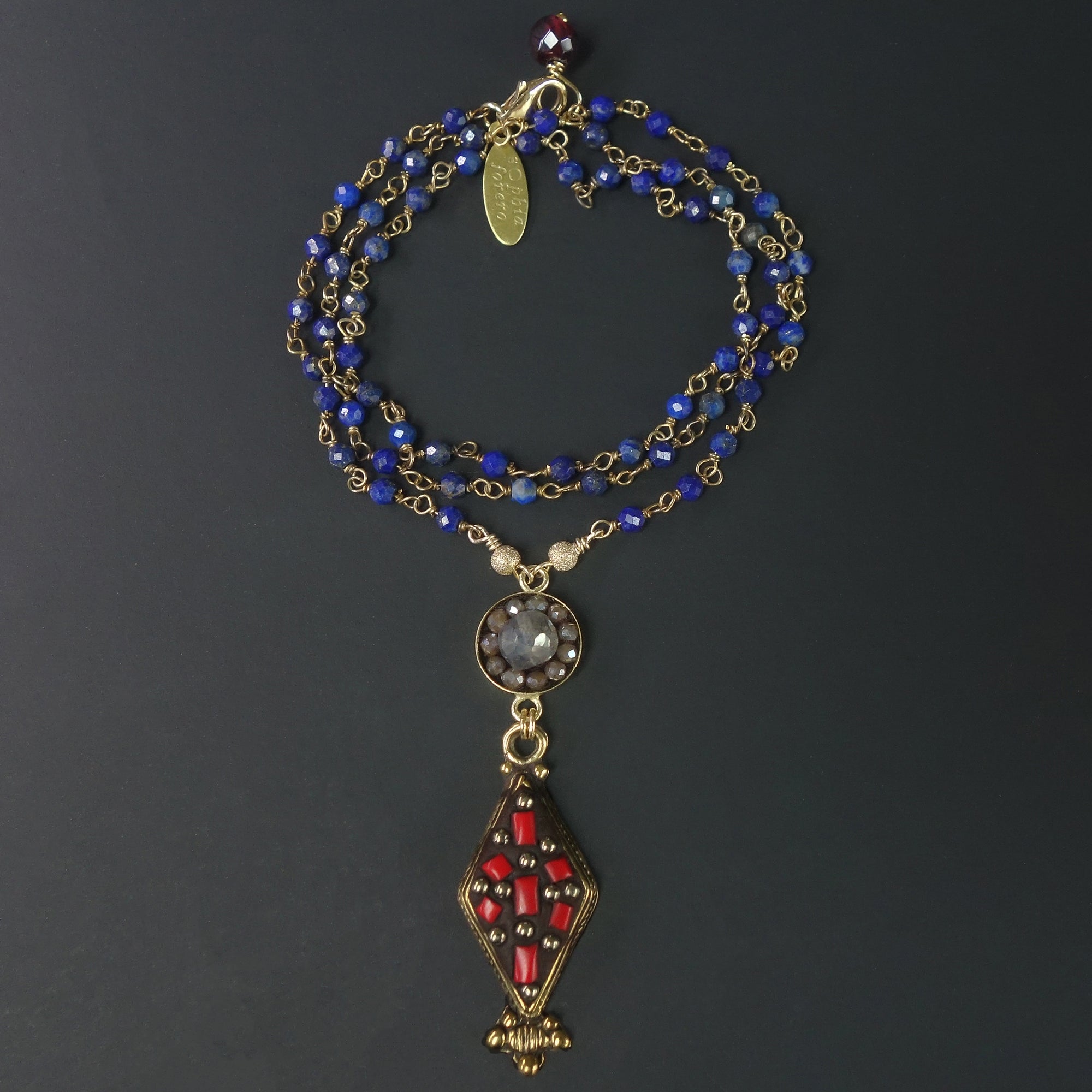 American Dream: coral, lapis, and moonstone mosaic necklace