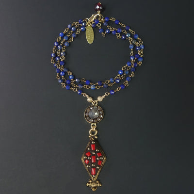 American Dream: coral, lapis, and moonstone mosaic necklace