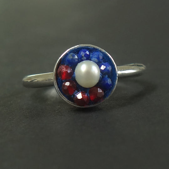 With this Ring: pearl, garnet, and lapis mosaic