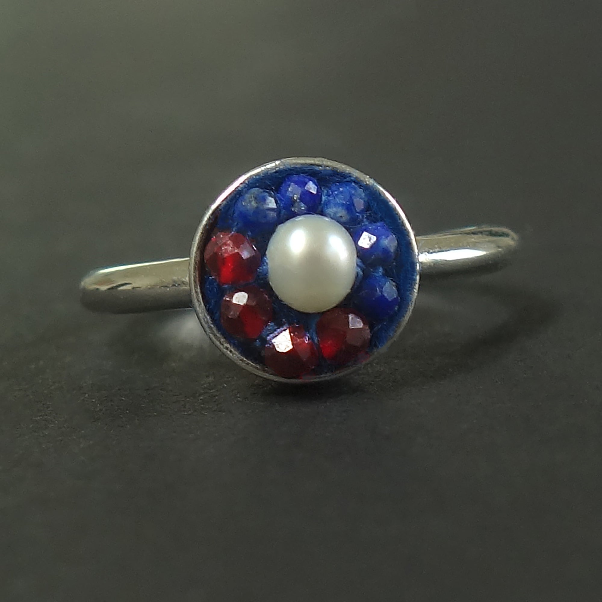 With this Ring: pearl, garnet, and lapis mosaic