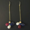 Faceted Ruby + Blue Sapphire + Pearl on gold chain earring