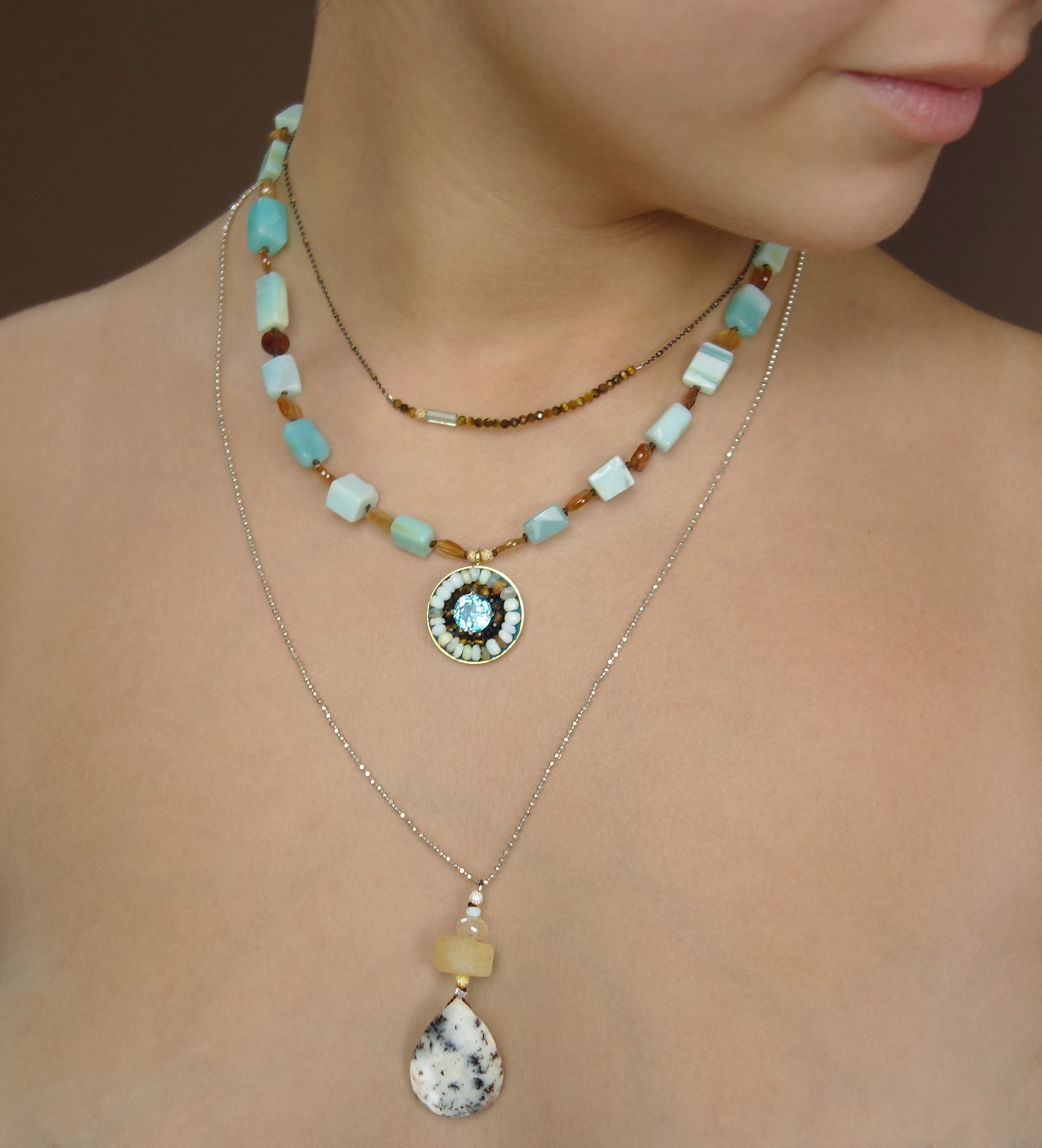 Swiss blue topaz, tiger eye, and opal mosaic necklace