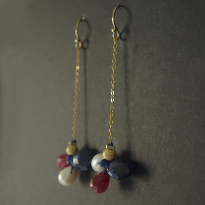 Faceted Ruby + Blue Sapphire + Pearl on gold chain earring