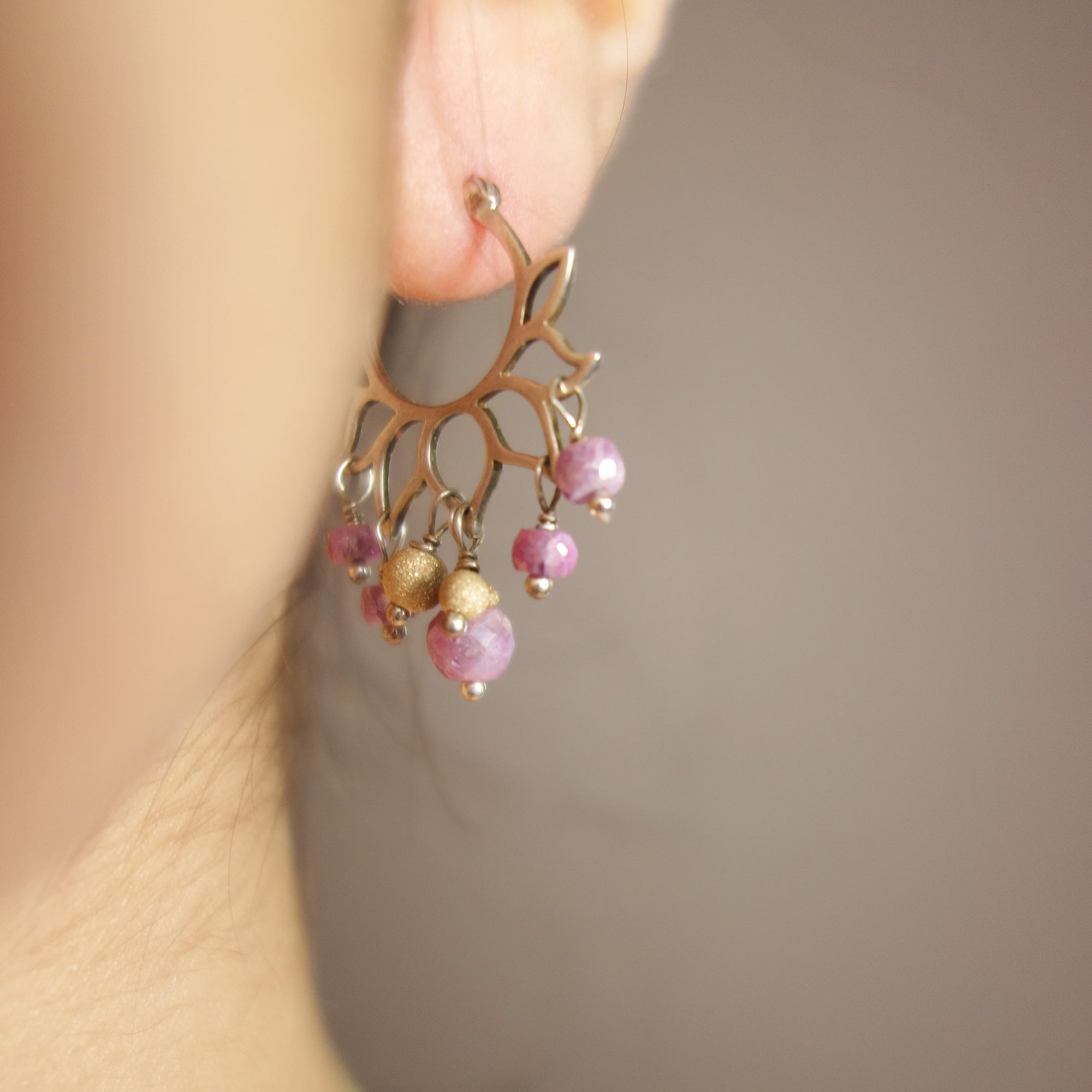 Lovely Lotus Hoops: Pink Sapphire + gold earrings