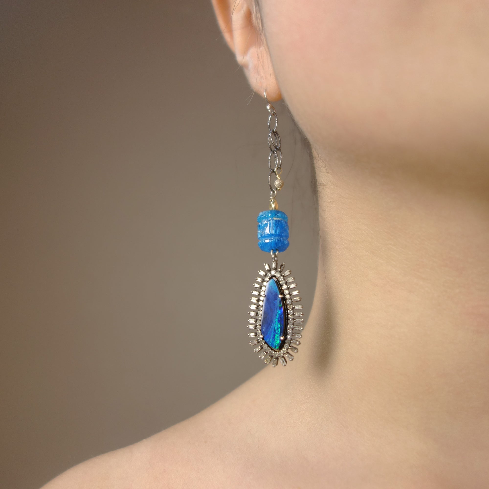 The Sun Also Rises: Opal, Diamond, and Apatite earring