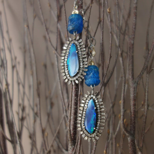 The Sun Also Rises: Opal, Diamond, and Apatite earring