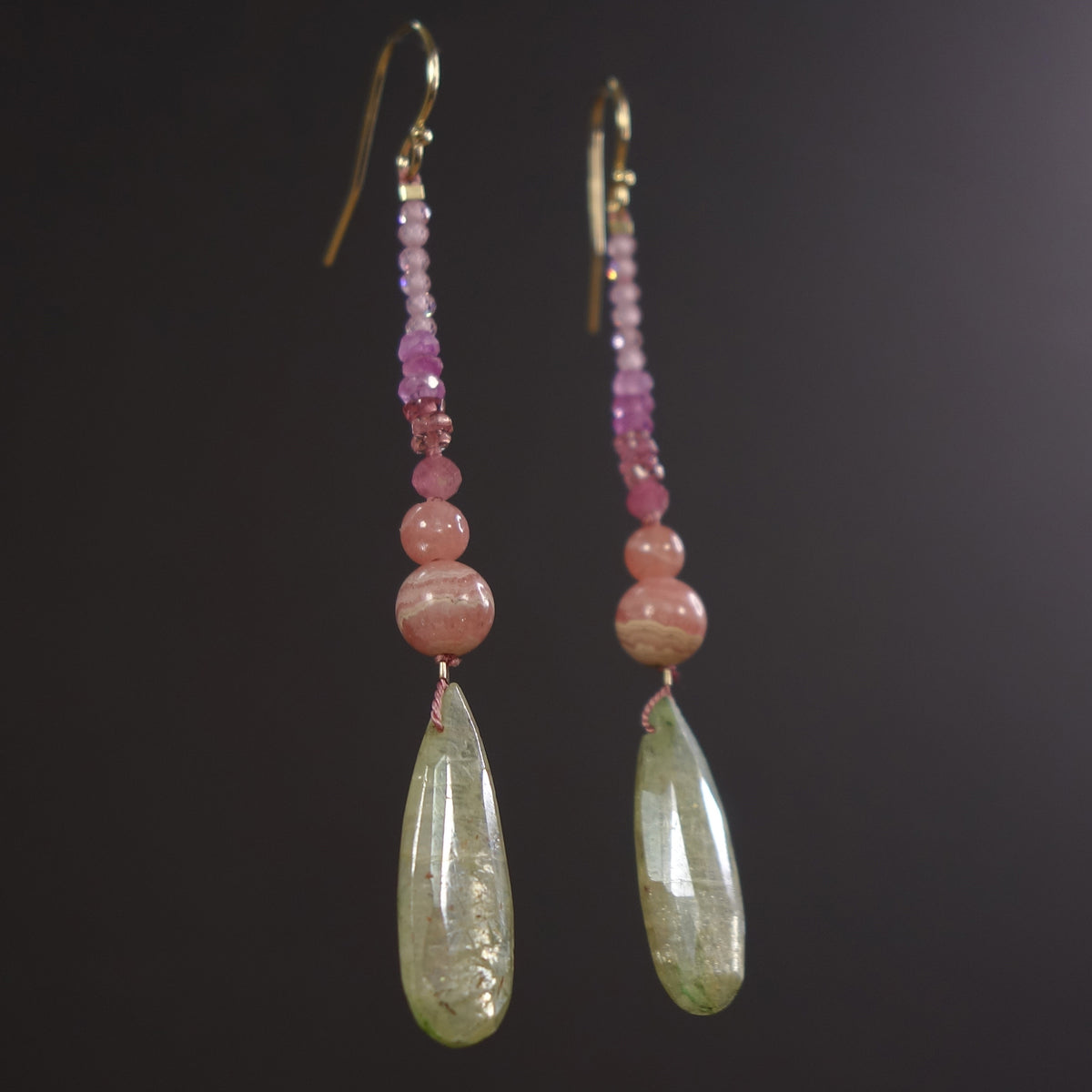 Listen to the Rain: kyanite, rhodocrosite, sapphire earring