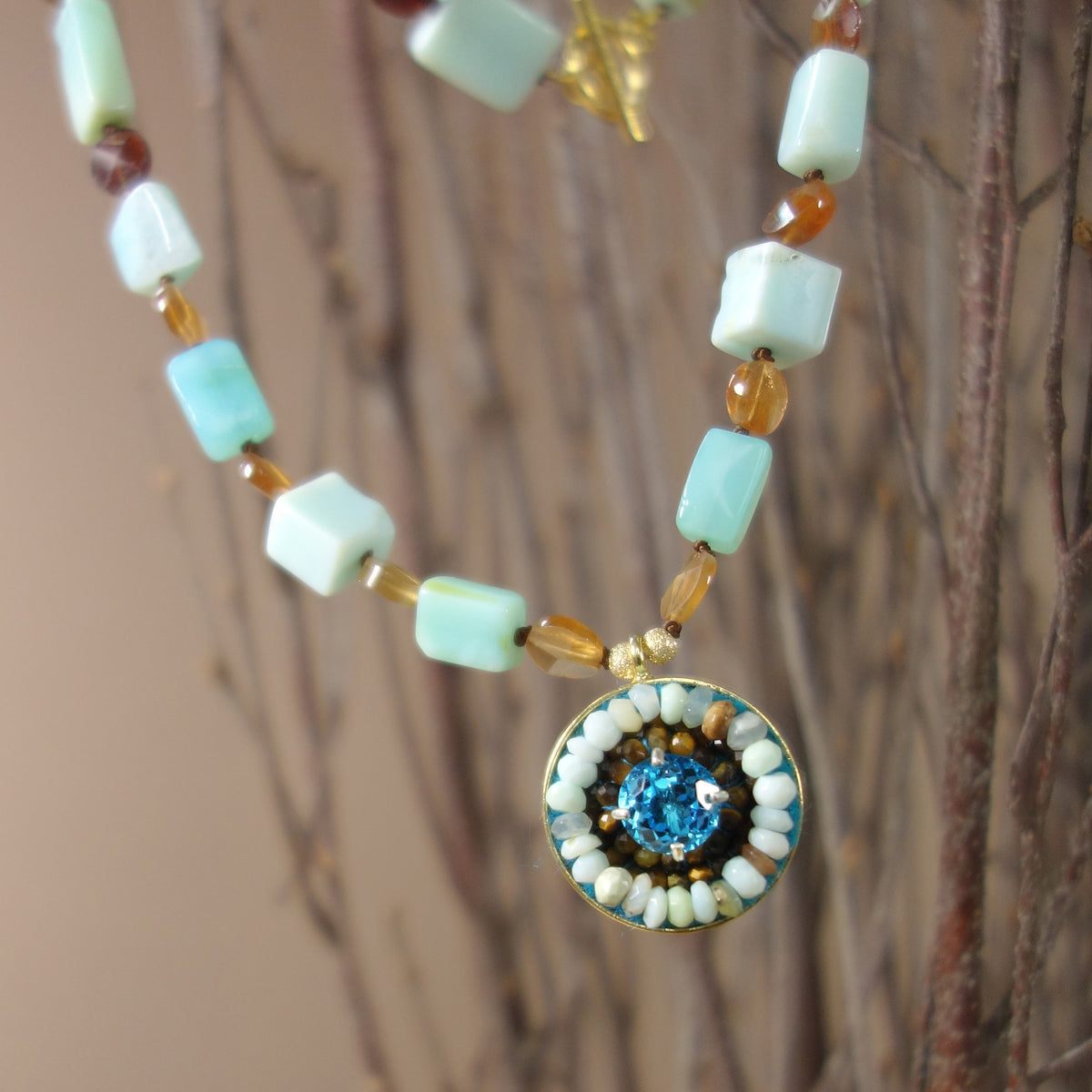 Swiss blue topaz, tiger eye, and opal mosaic necklace