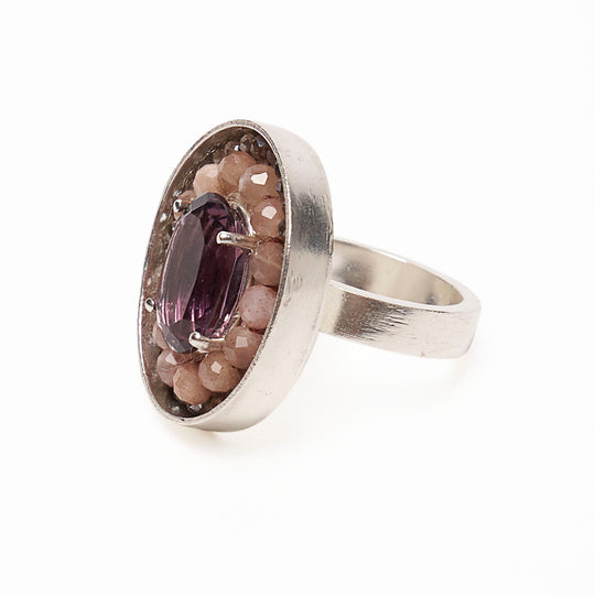Amethyst, Coral, and Labradorite mosaic ring