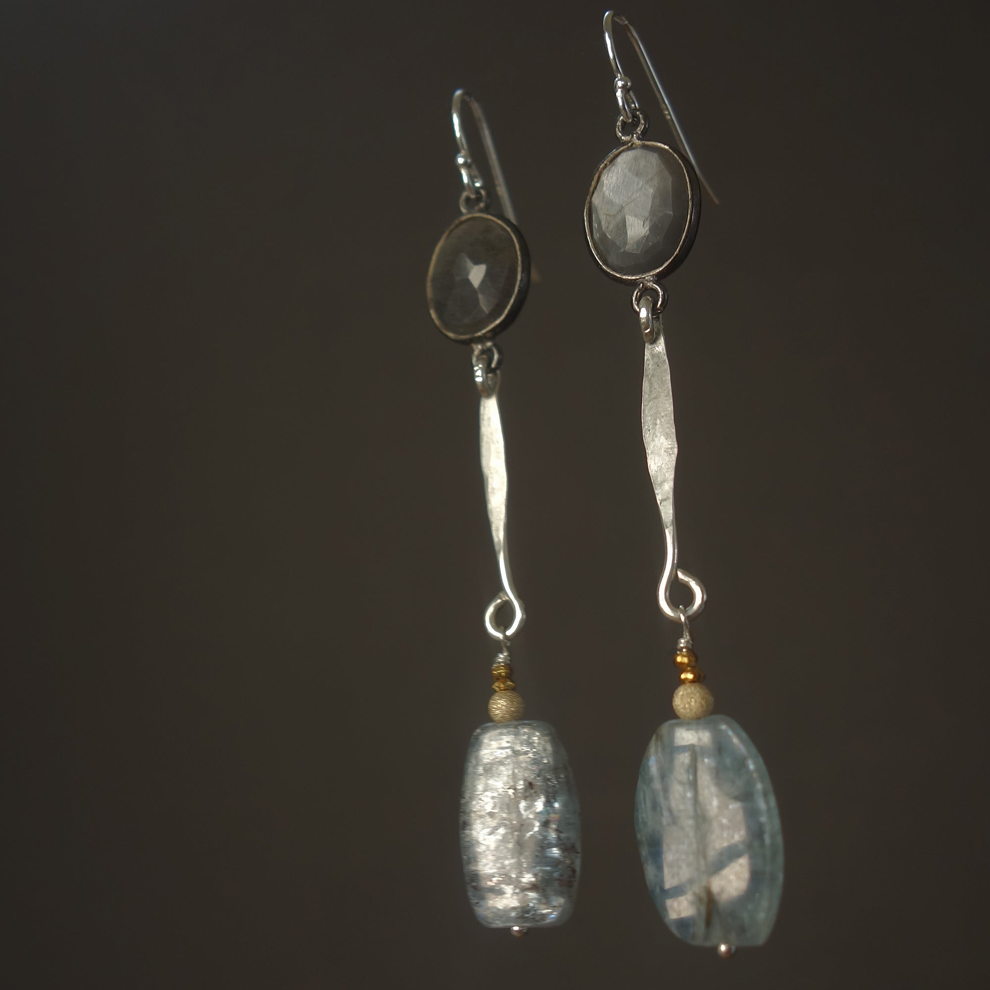 She's Got Plans: moonstone and kyanite hammered silver earrings