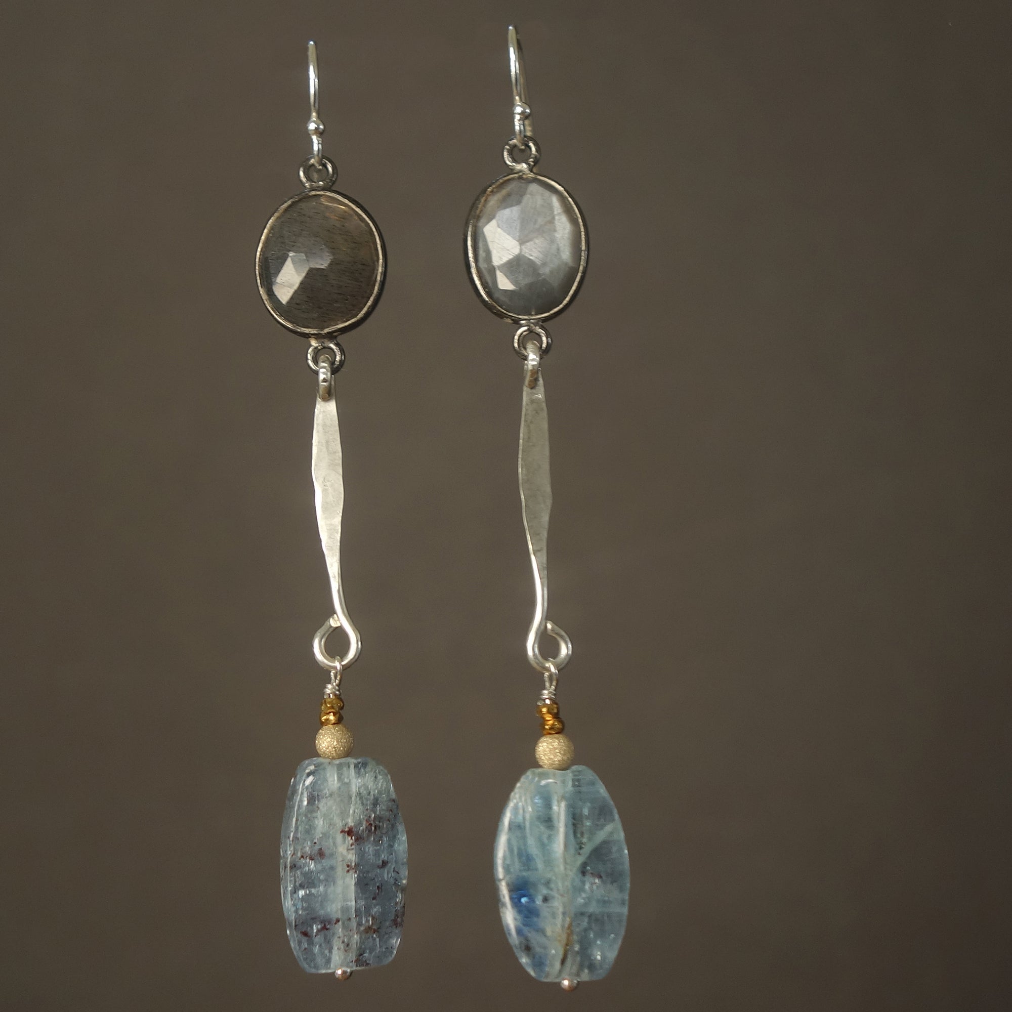 She's Got Plans: moonstone and kyanite hammered silver earrings