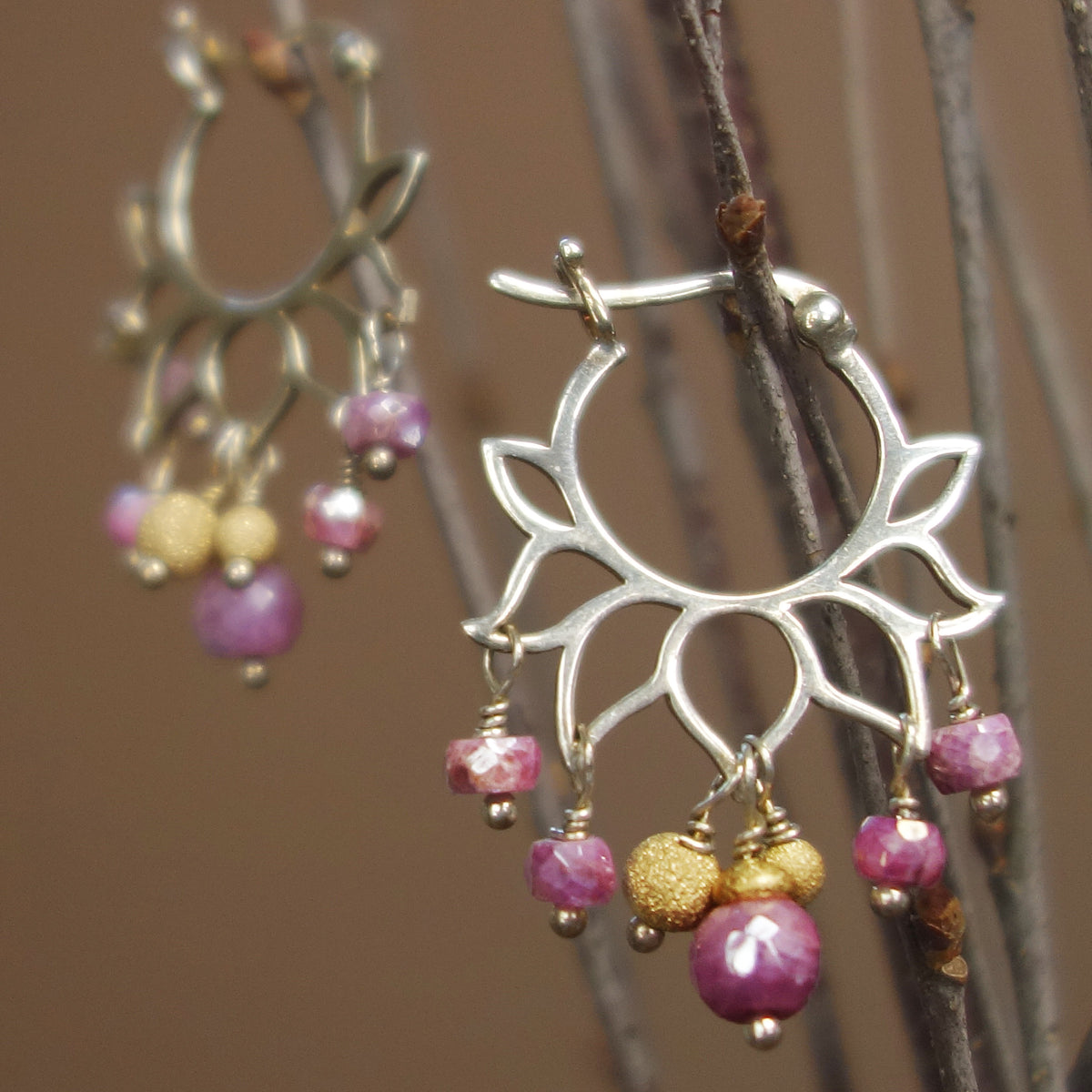 Lovely Lotus Hoops: Pink Sapphire + gold earrings