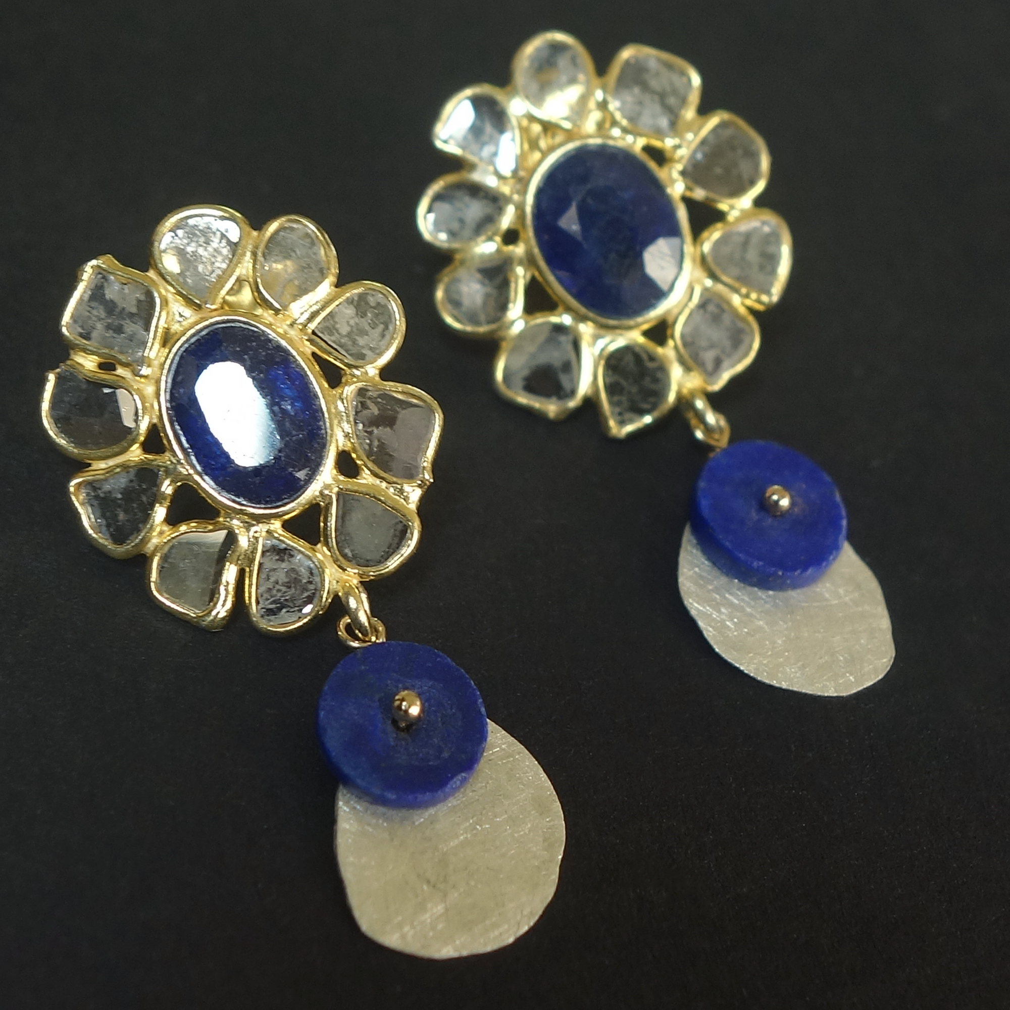 Sliced diamonds and blue sapphire earrings