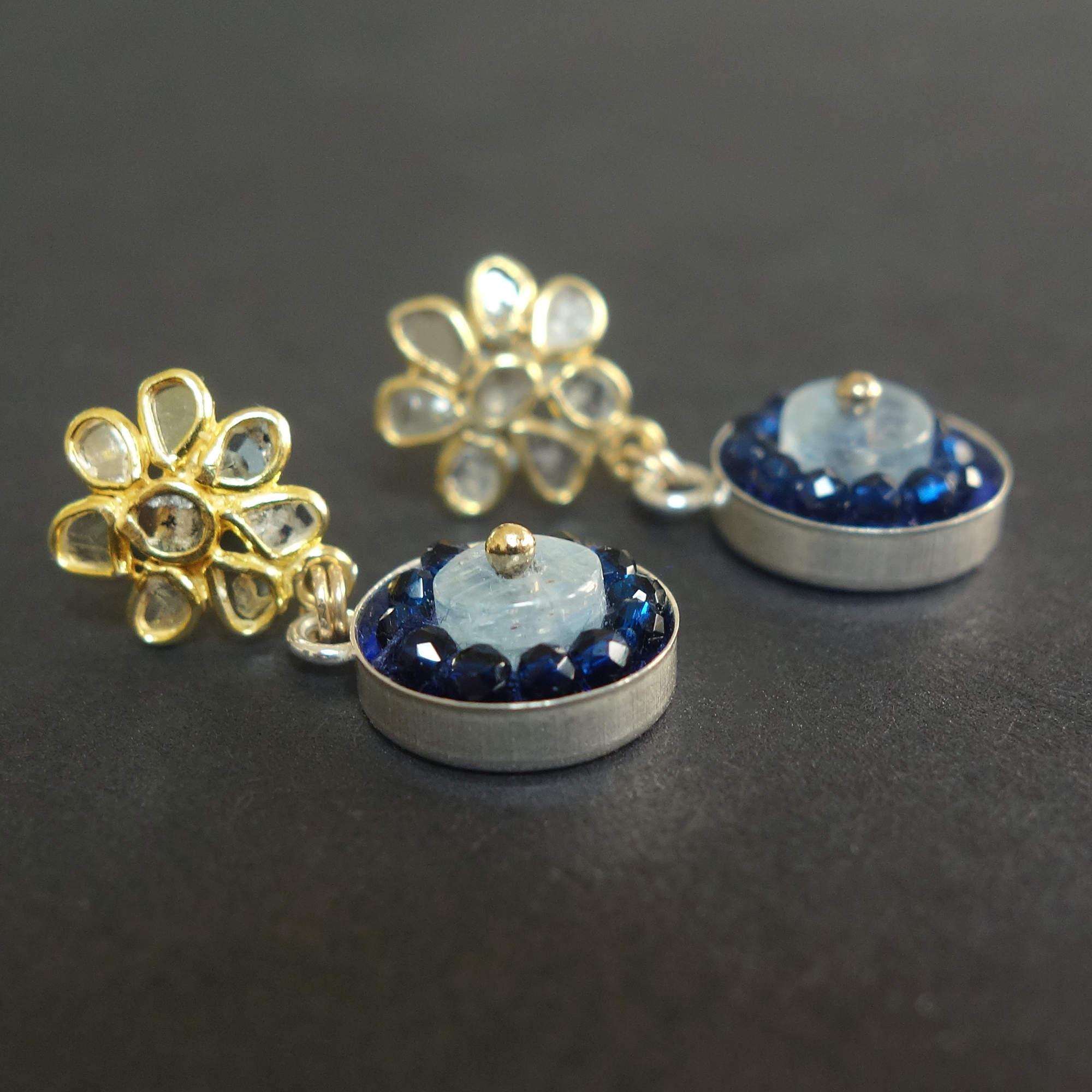 Diamond slice in gold + kyanite/sapphire mosaic earrings