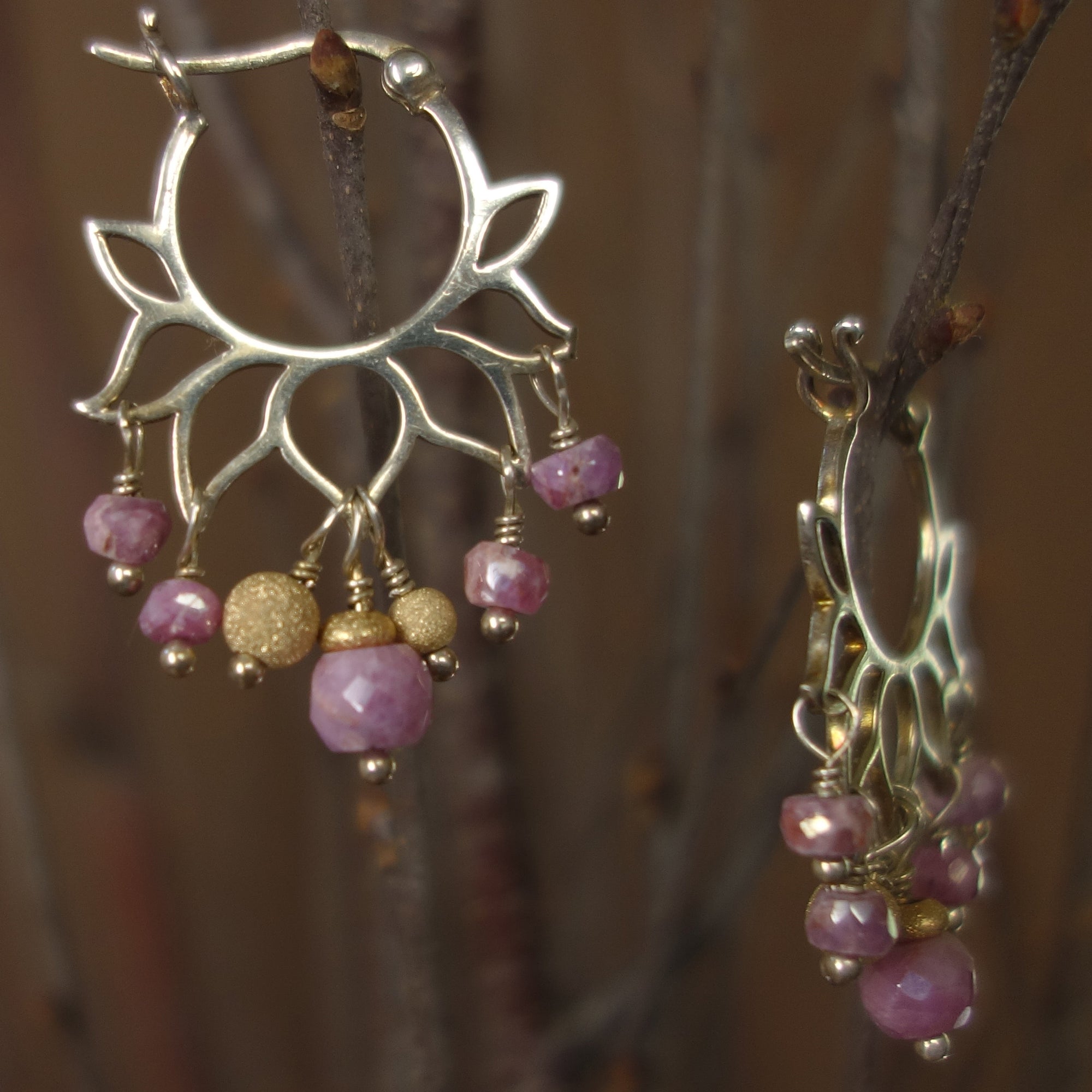 Lovely Lotus Hoops: Pink Sapphire + gold earrings