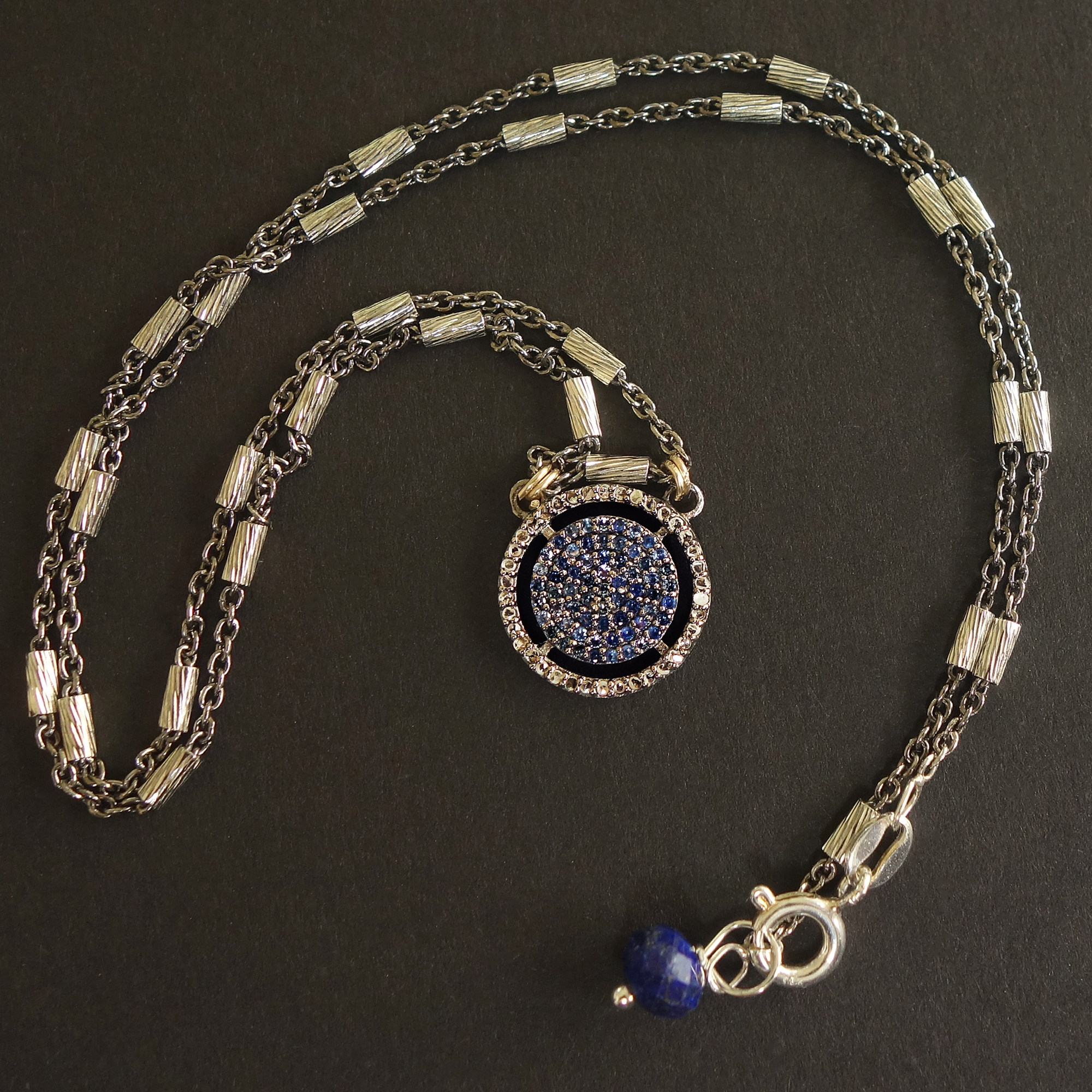 Pave diamond + blue sapphire necklace