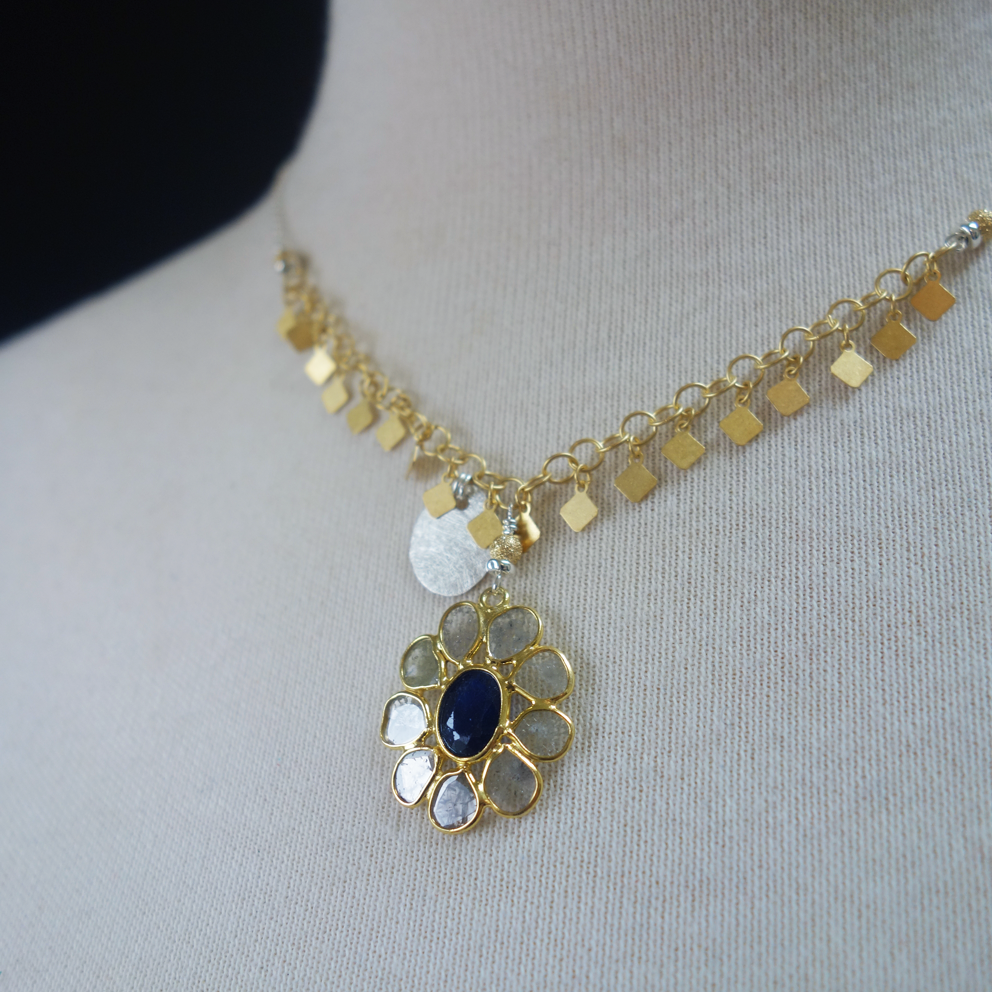 Diamond slices + blue sapphire necklace