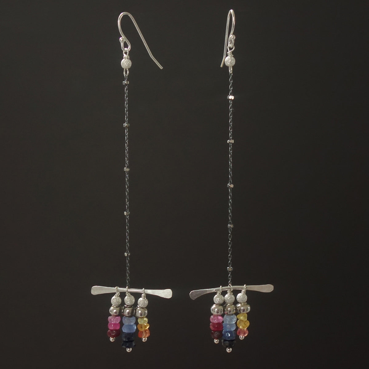 Rainbow sapphire and hammered silver earrings
