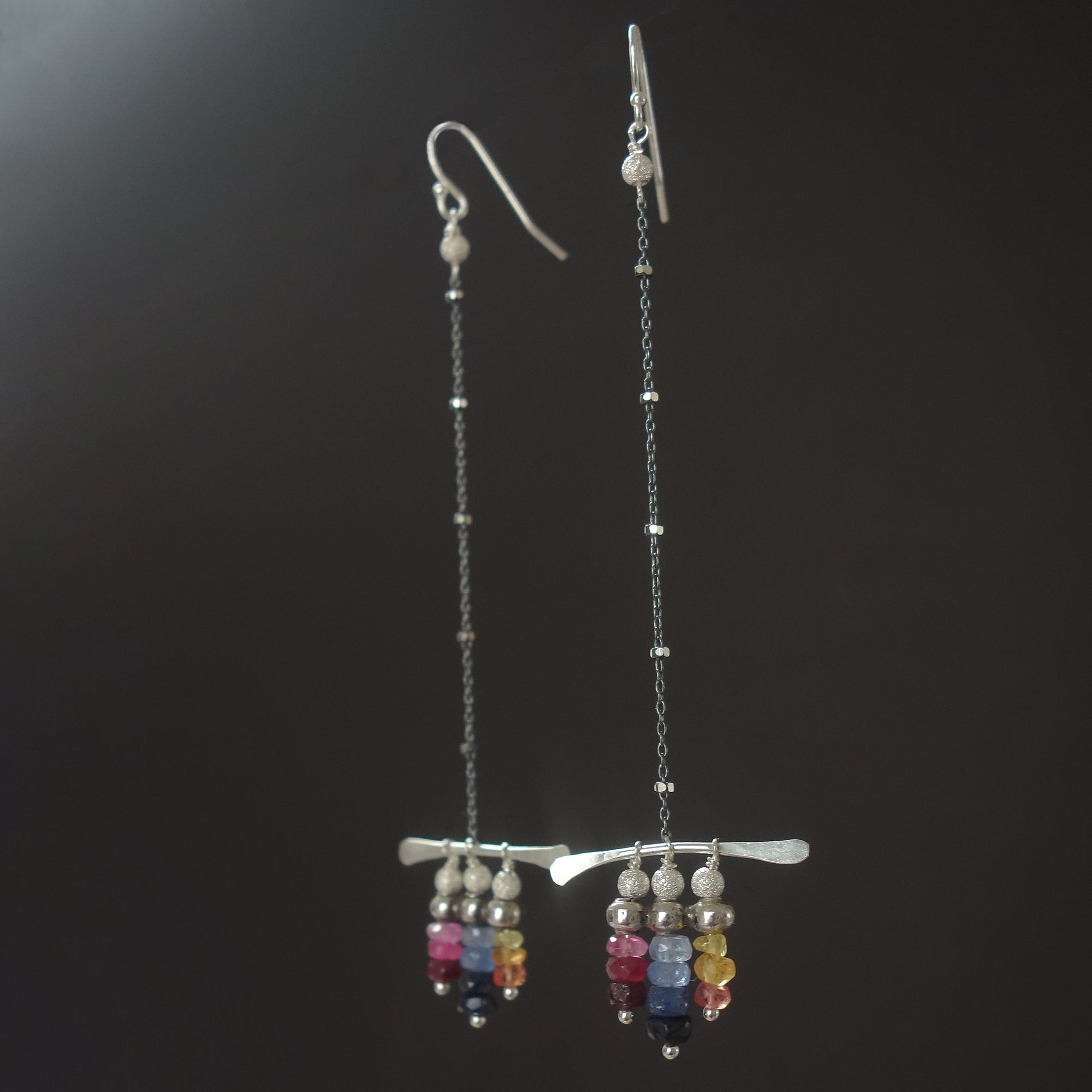 Rainbow sapphire and hammered silver earrings