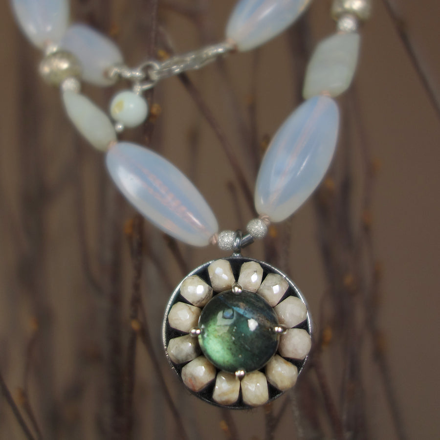 Opal, Labradorite, Silverite mosaic necklace