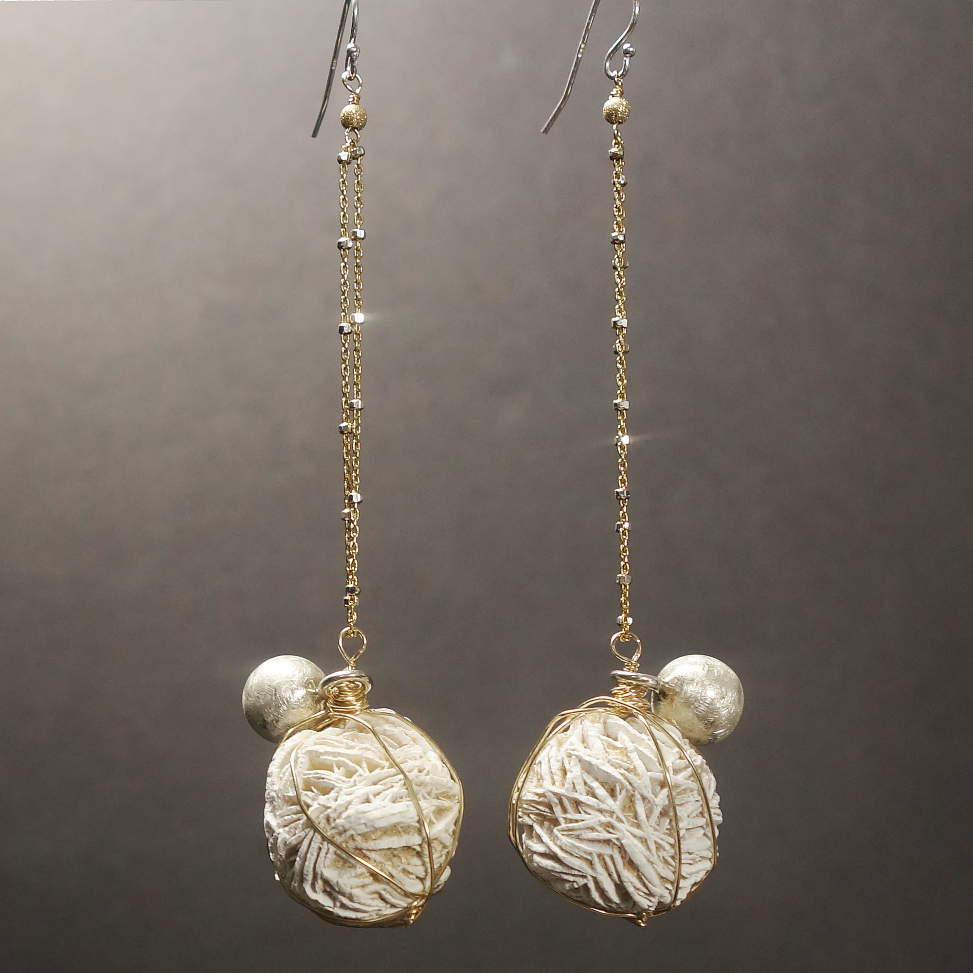 Natural Desert Selenite, gold and silver earrings