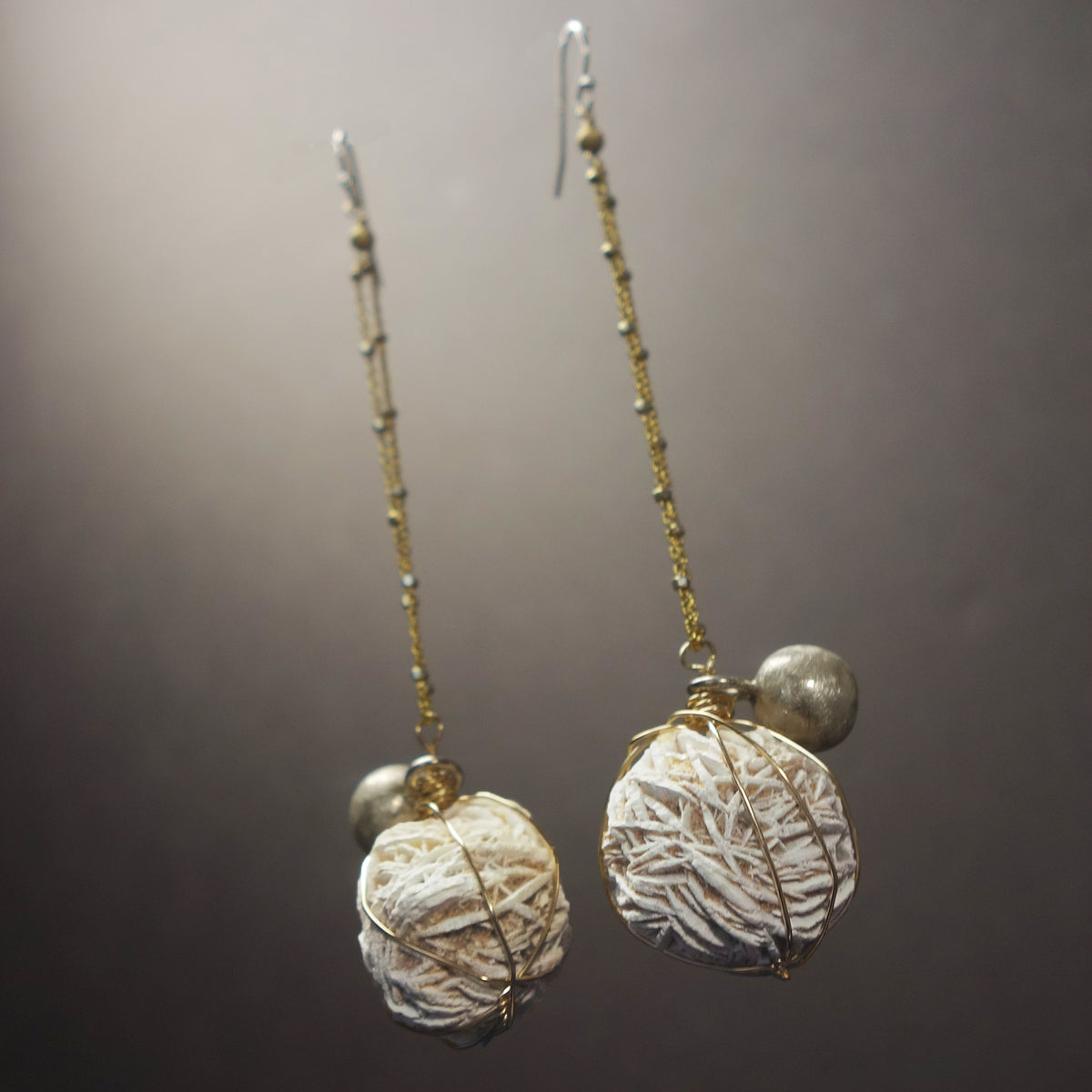 Natural Desert Selenite, gold and silver earrings