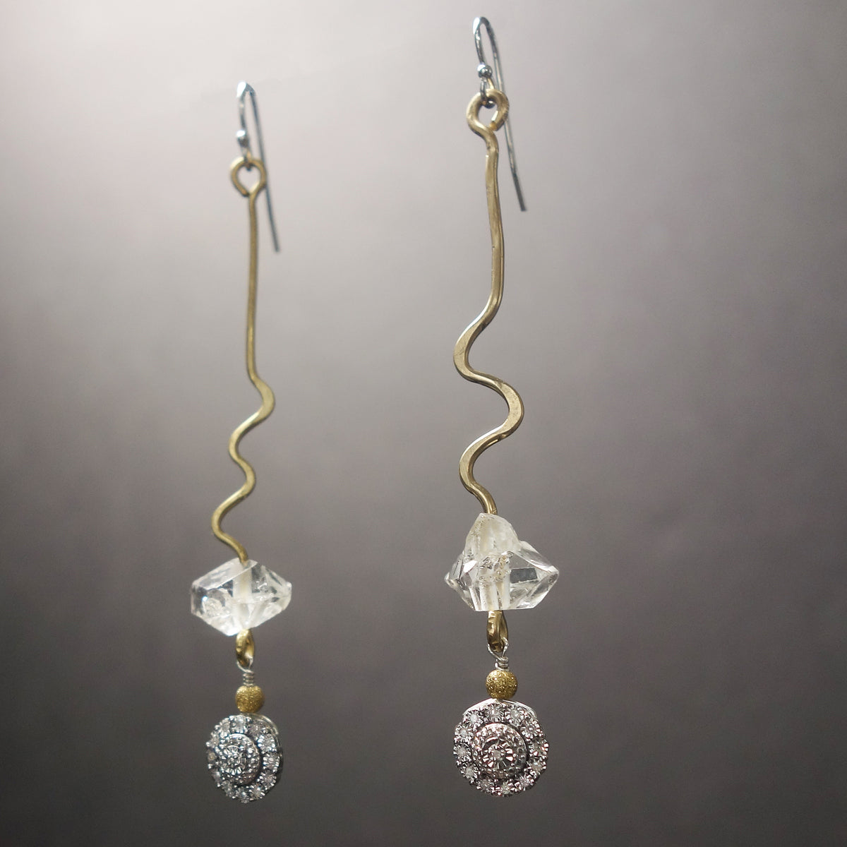 Diamond, hammered Gold, Clear Quartz earrings