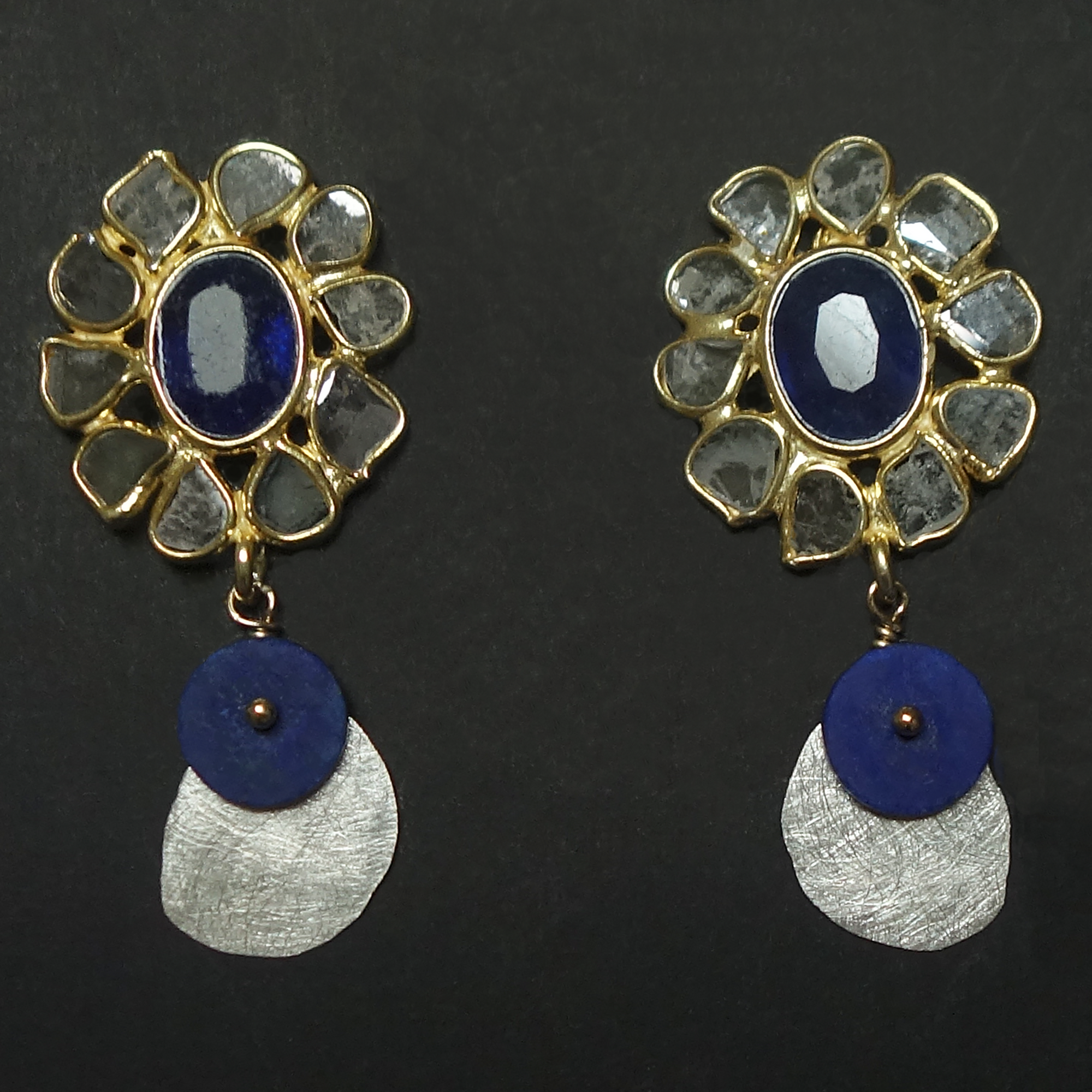 Sliced diamonds and blue sapphire earrings