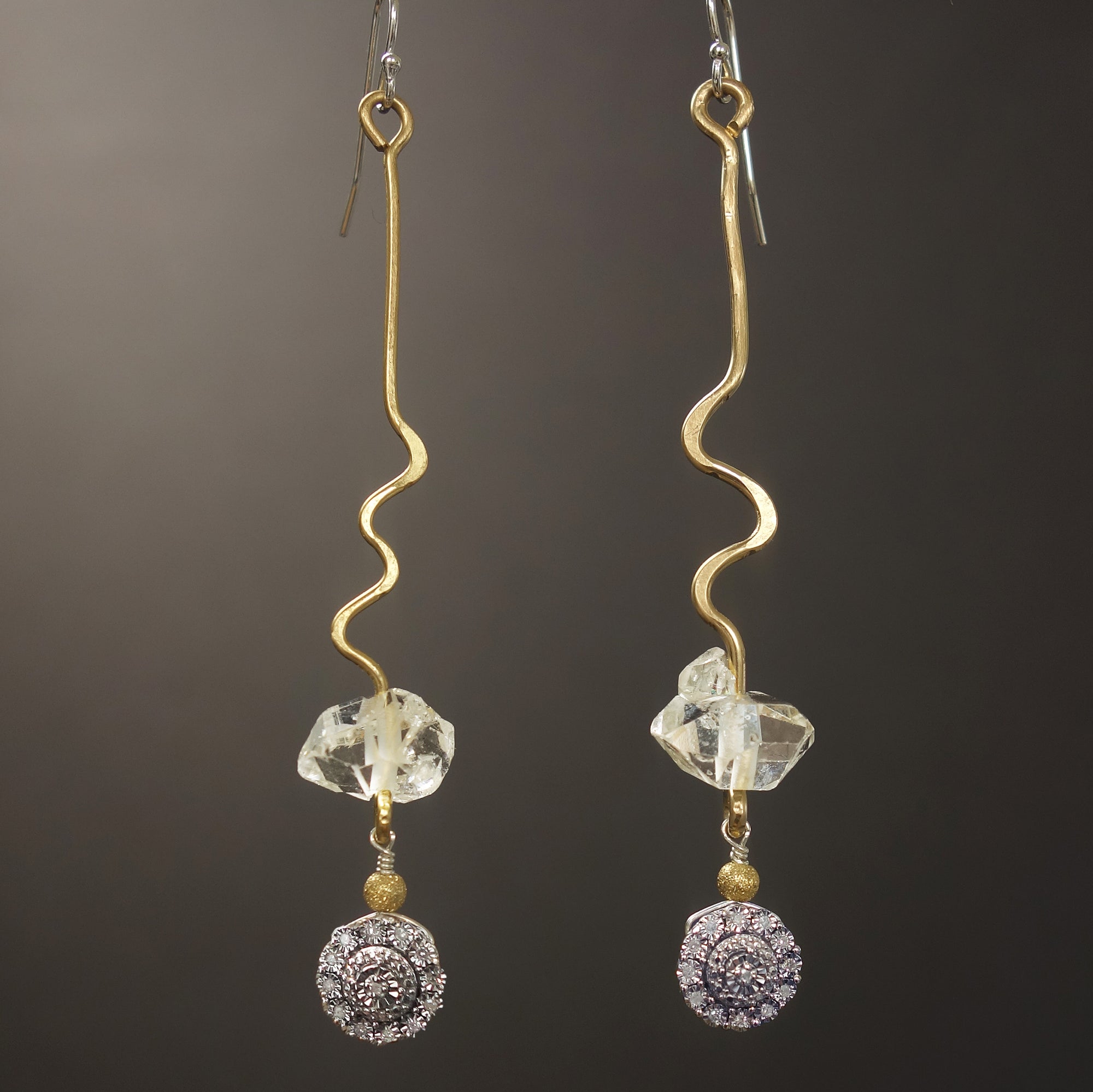 Diamond, hammered Gold, Clear Quartz earrings