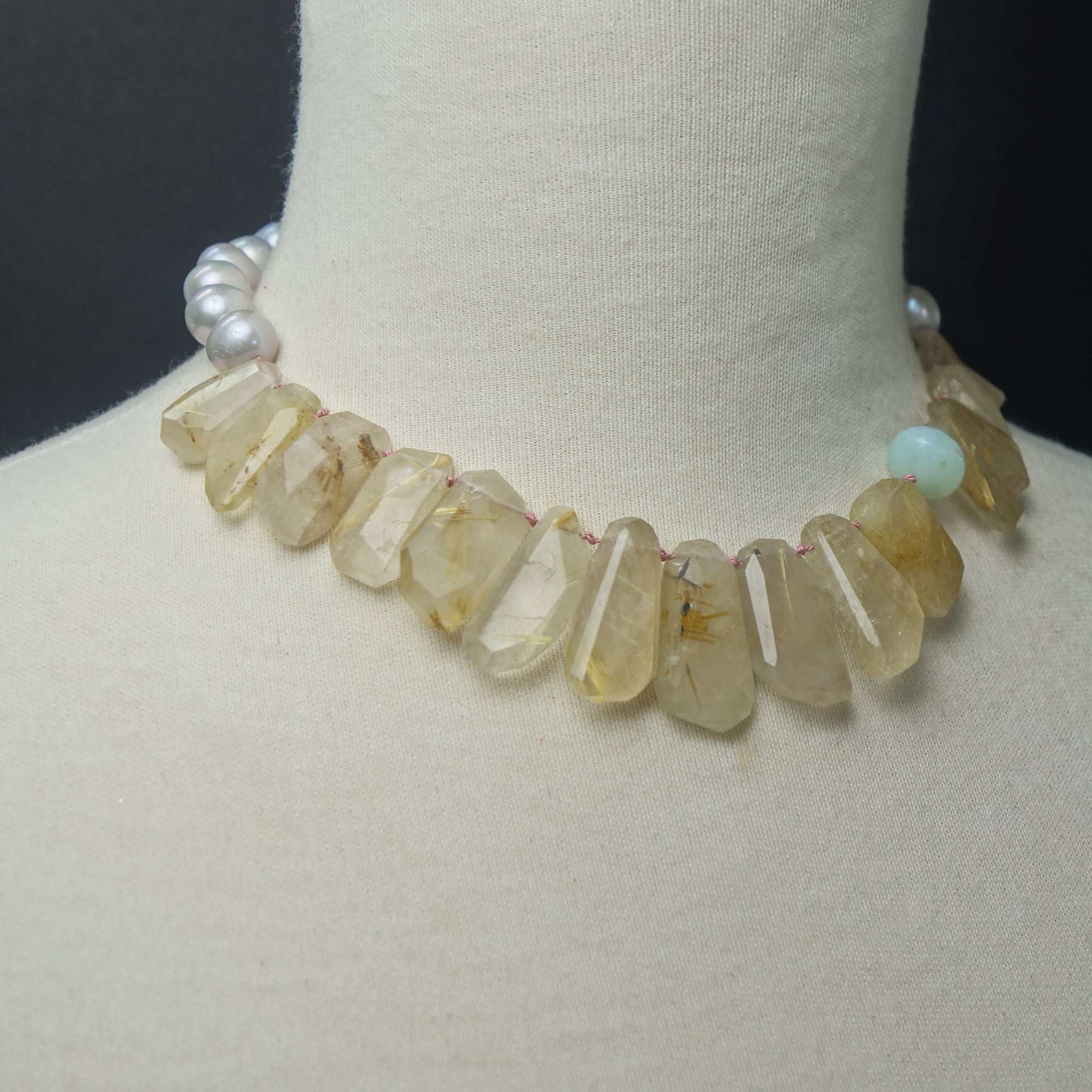Rhudalated Quartz, Peruvian opal, and Pearl necklace