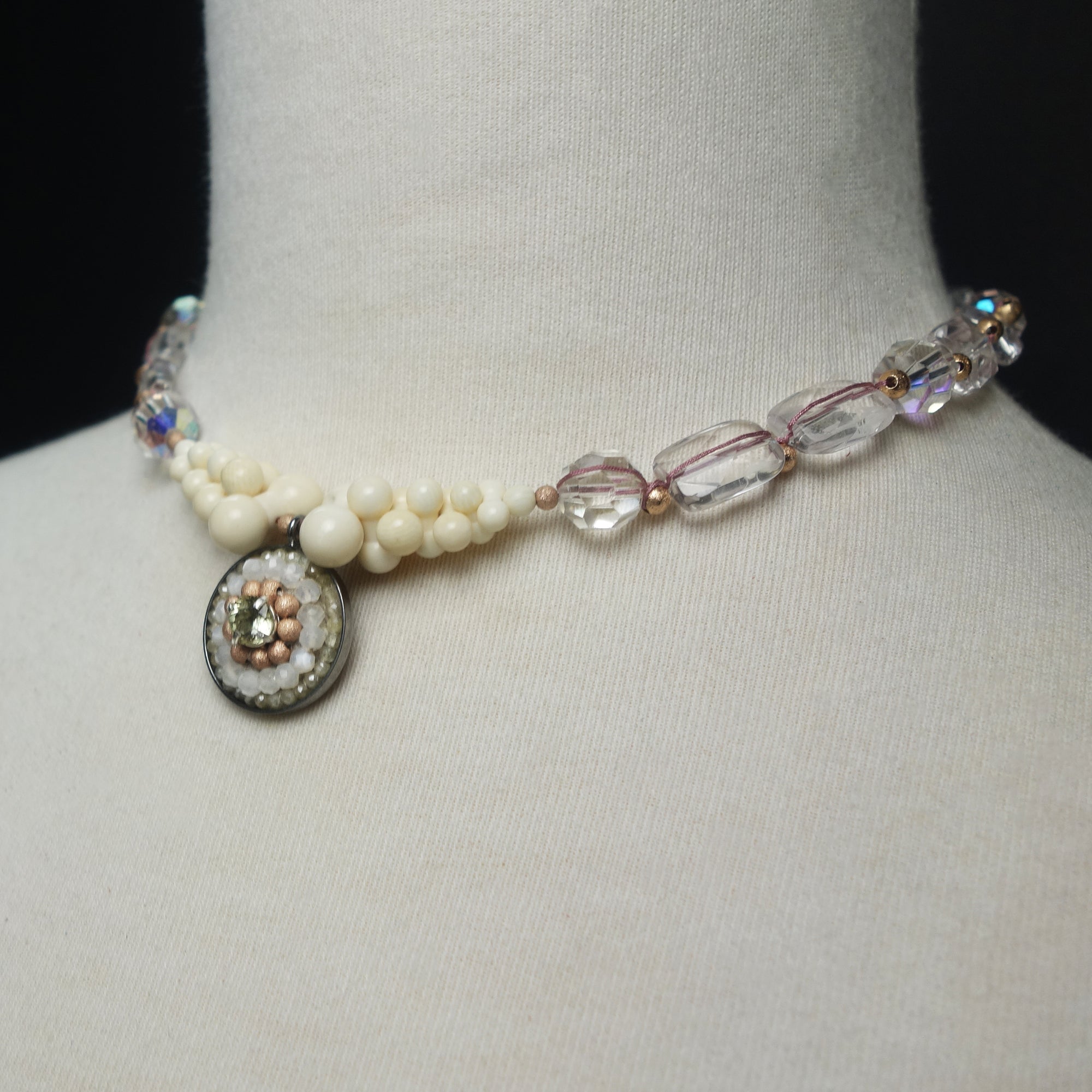 Canary Appetite, Clear Quartz, and Sapphire mosaic necklace