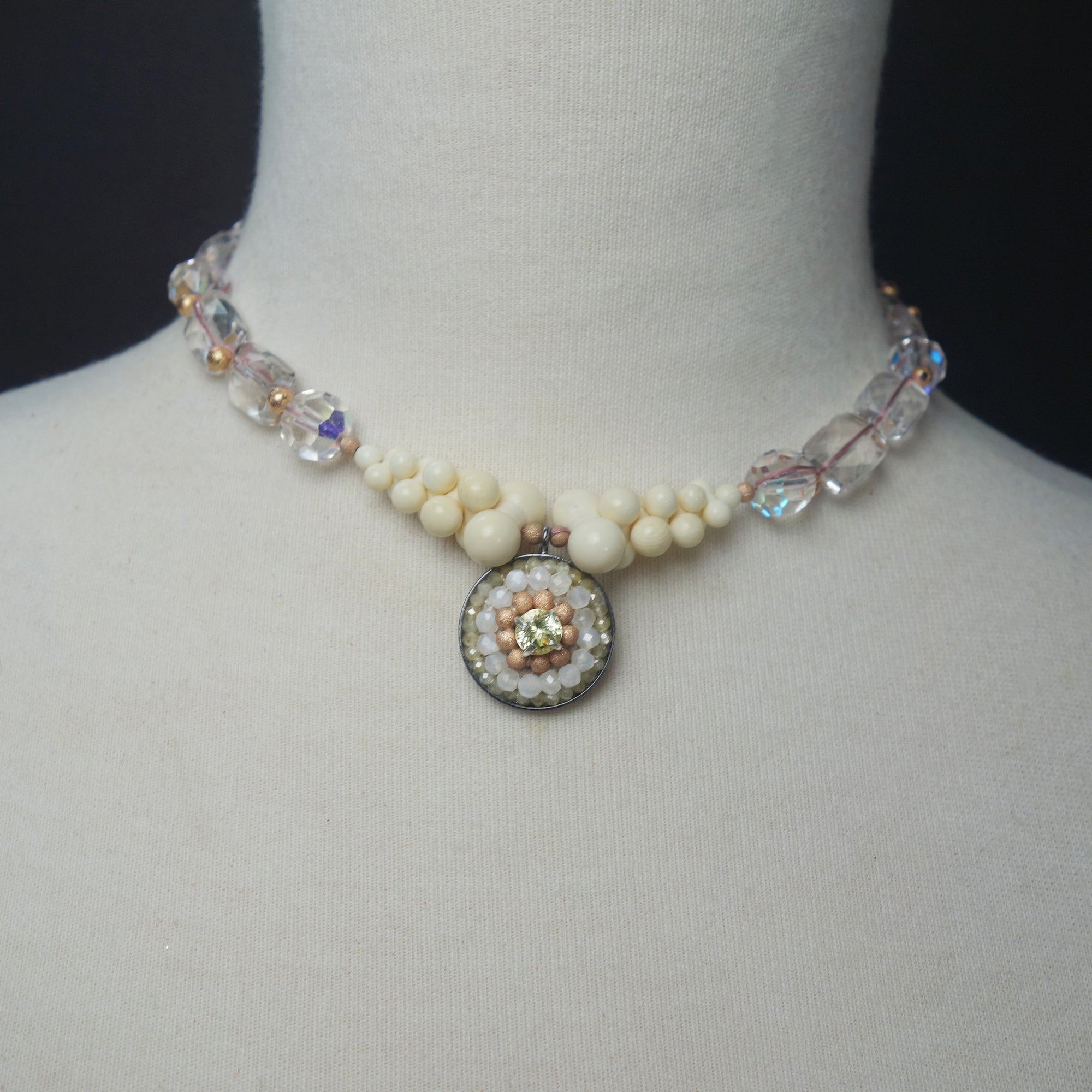 Canary Appetite, Clear Quartz, and Sapphire mosaic necklace