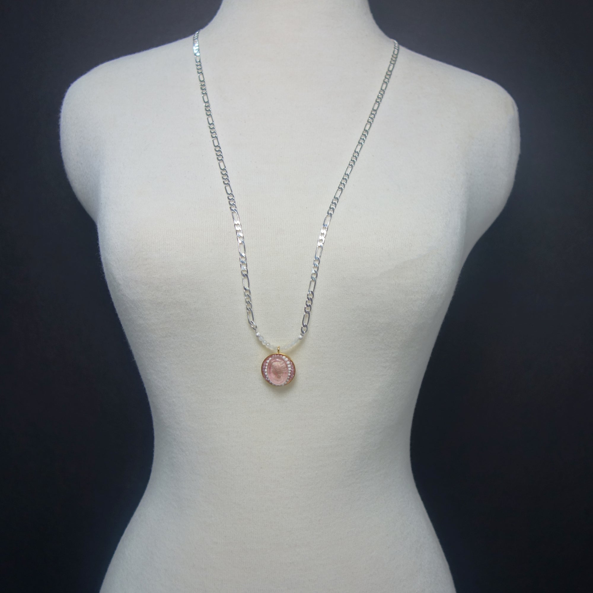 Rare Clear Quartz cameo and White Turquoise mosaic necklace