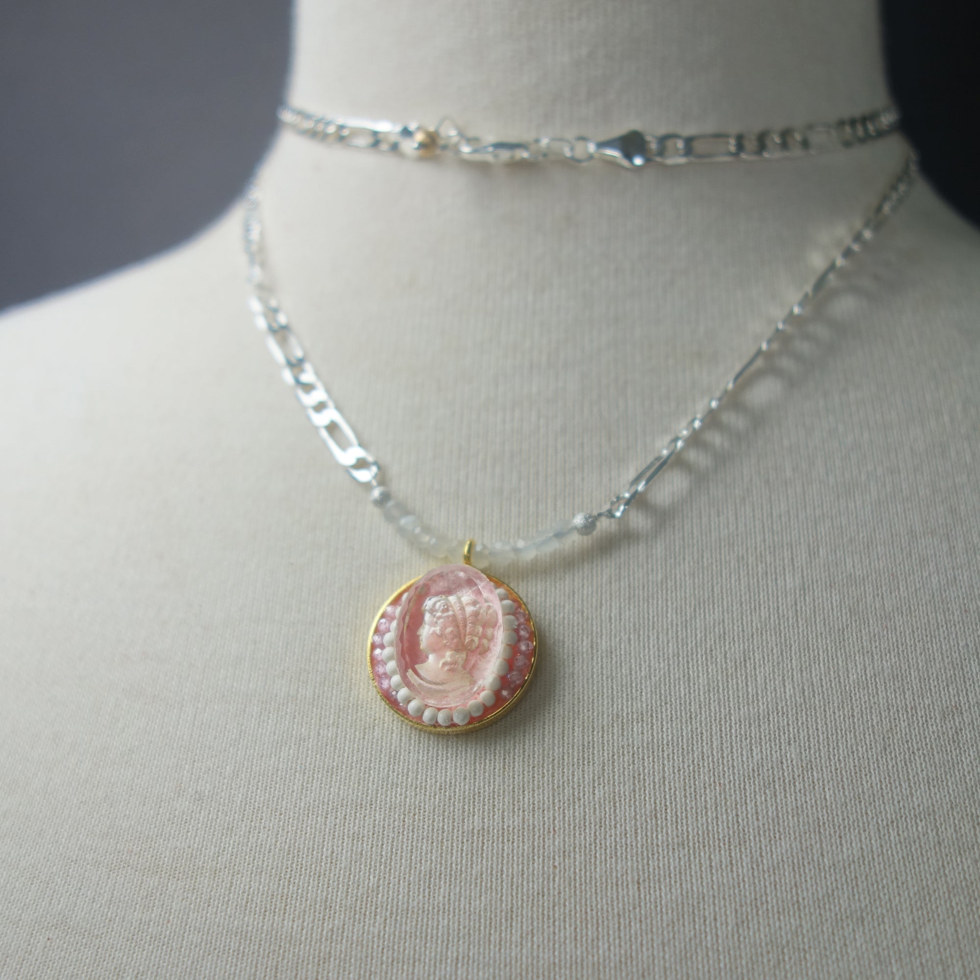 Rare Clear Quartz cameo and White Turquoise mosaic necklace