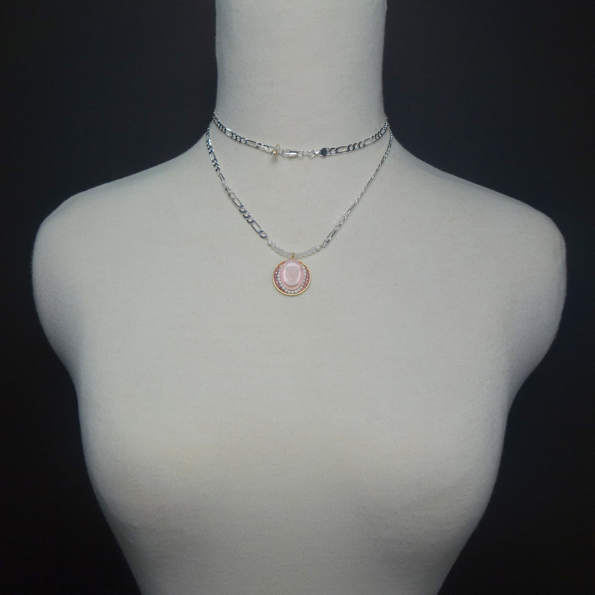 Rare Clear Quartz cameo and White Turquoise mosaic necklace