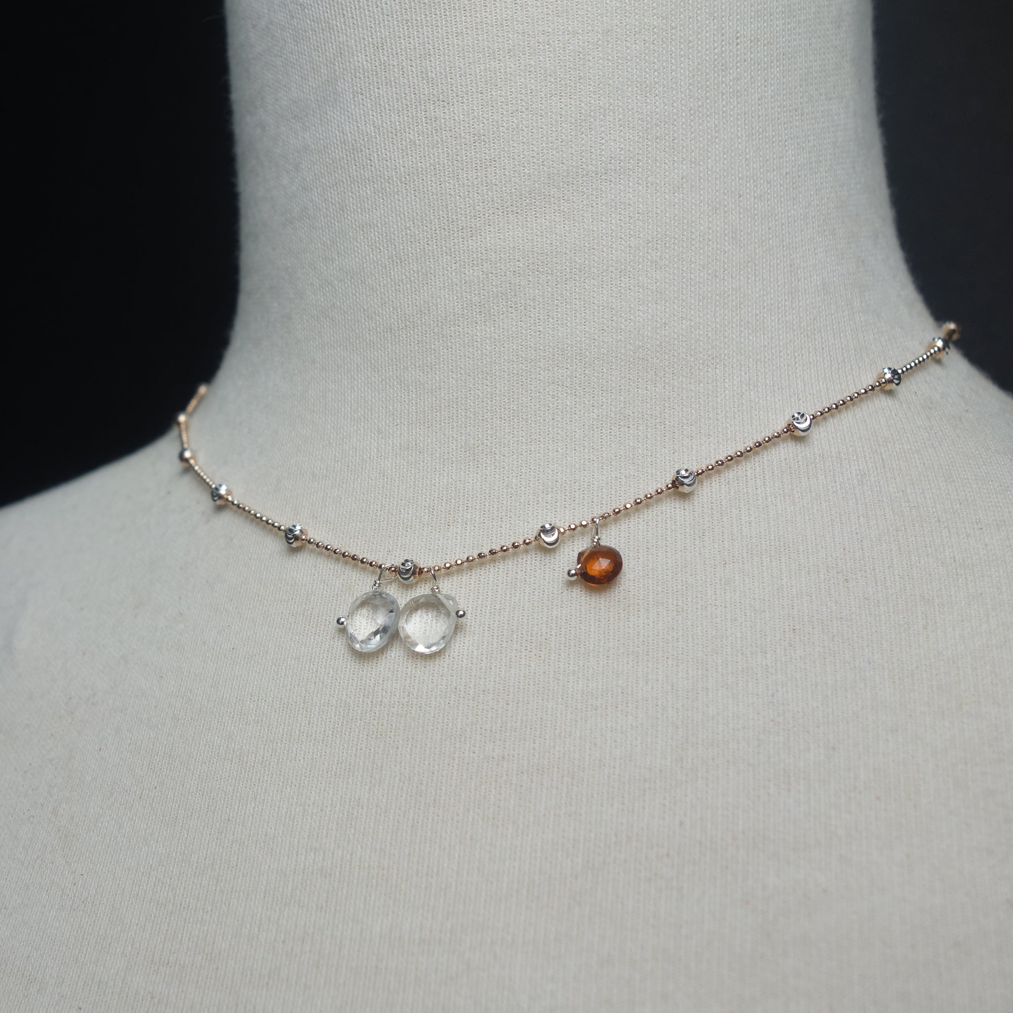 Clear Quartz, Rose Gold, and Hessonite Garnet